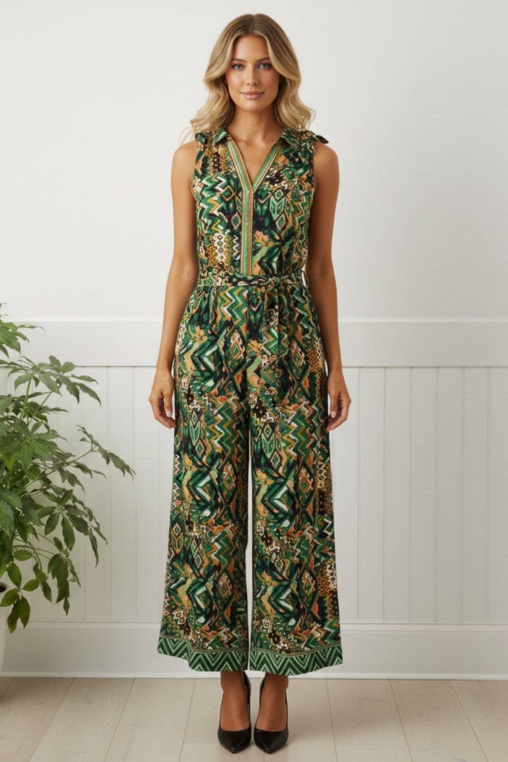 Stella London green abstract sleeveless tie-waist jumpsuit front view