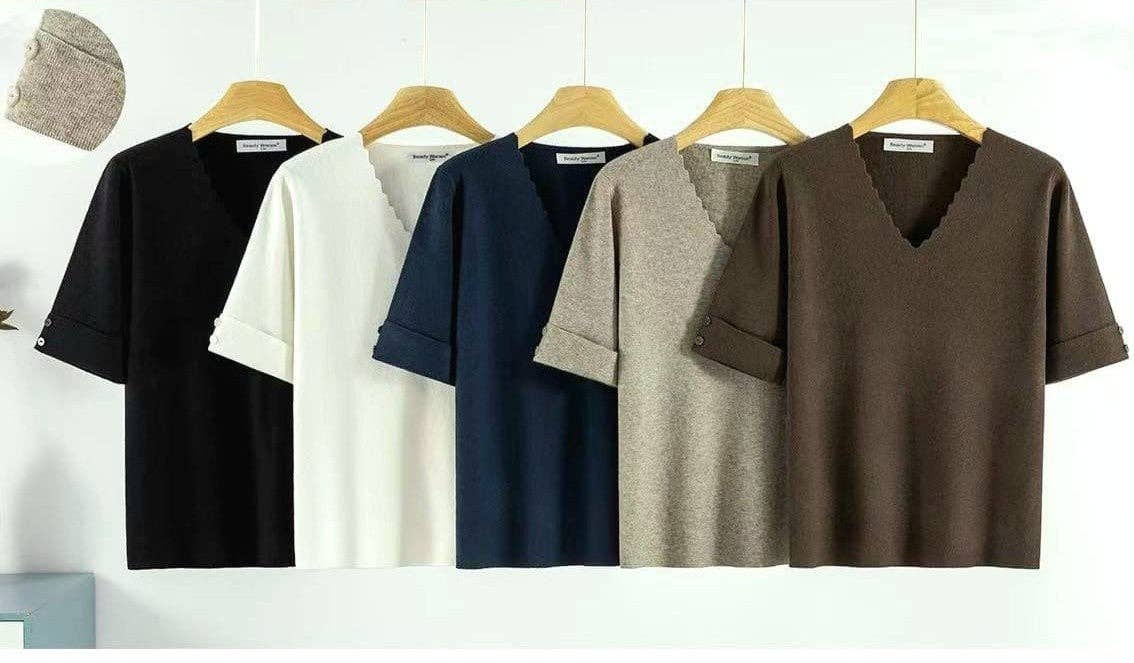 Kurt Muller V-neck fine-knit top with scalloped neckline and button sleeves