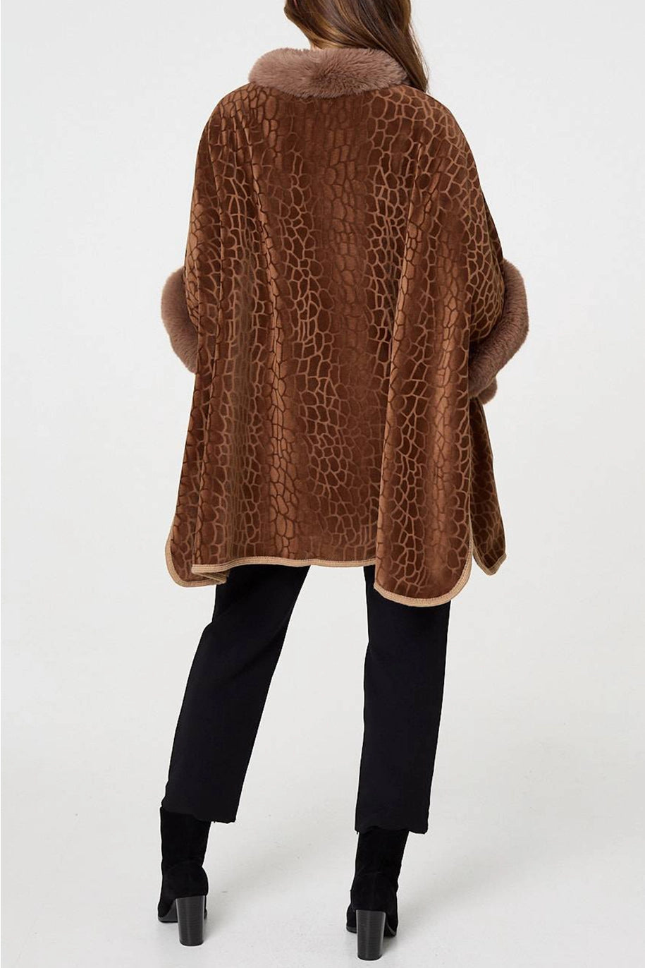 Animal Print Faux Fur Trim Cape Coat image 2