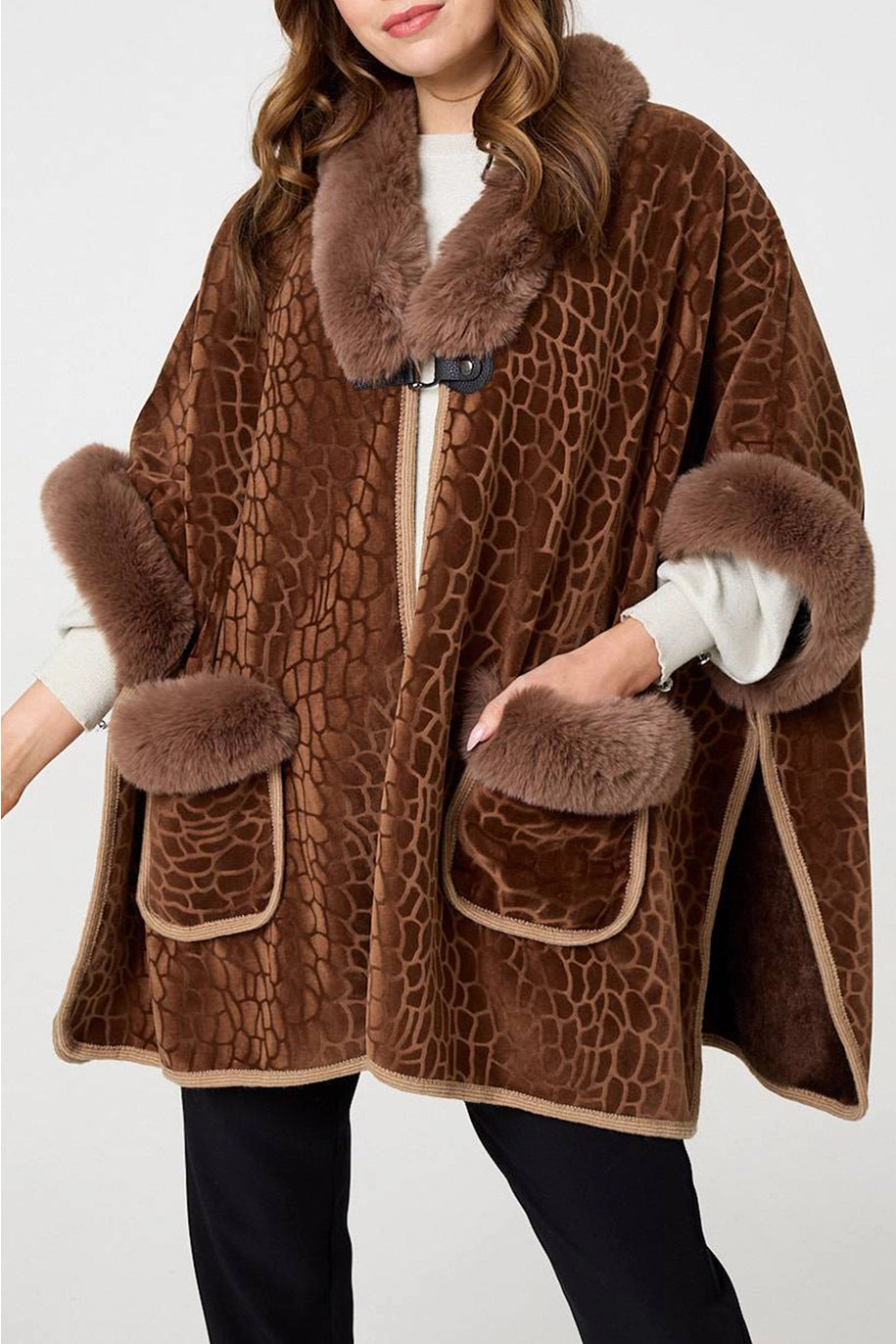 Animal Print Faux Fur Trim Cape Coat image 0