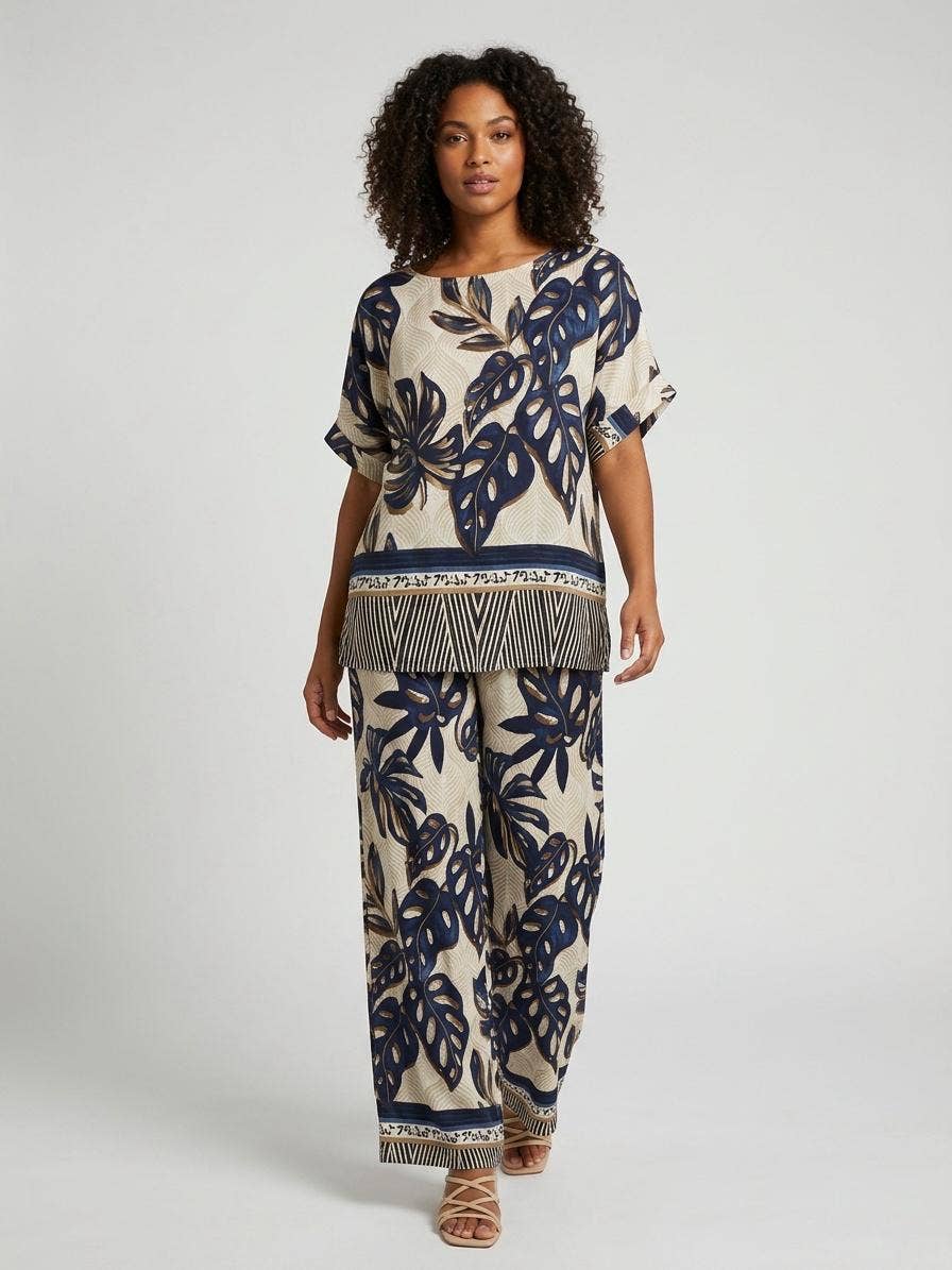 Tropical Leaf Print Wide-Leg Pant and Top Set