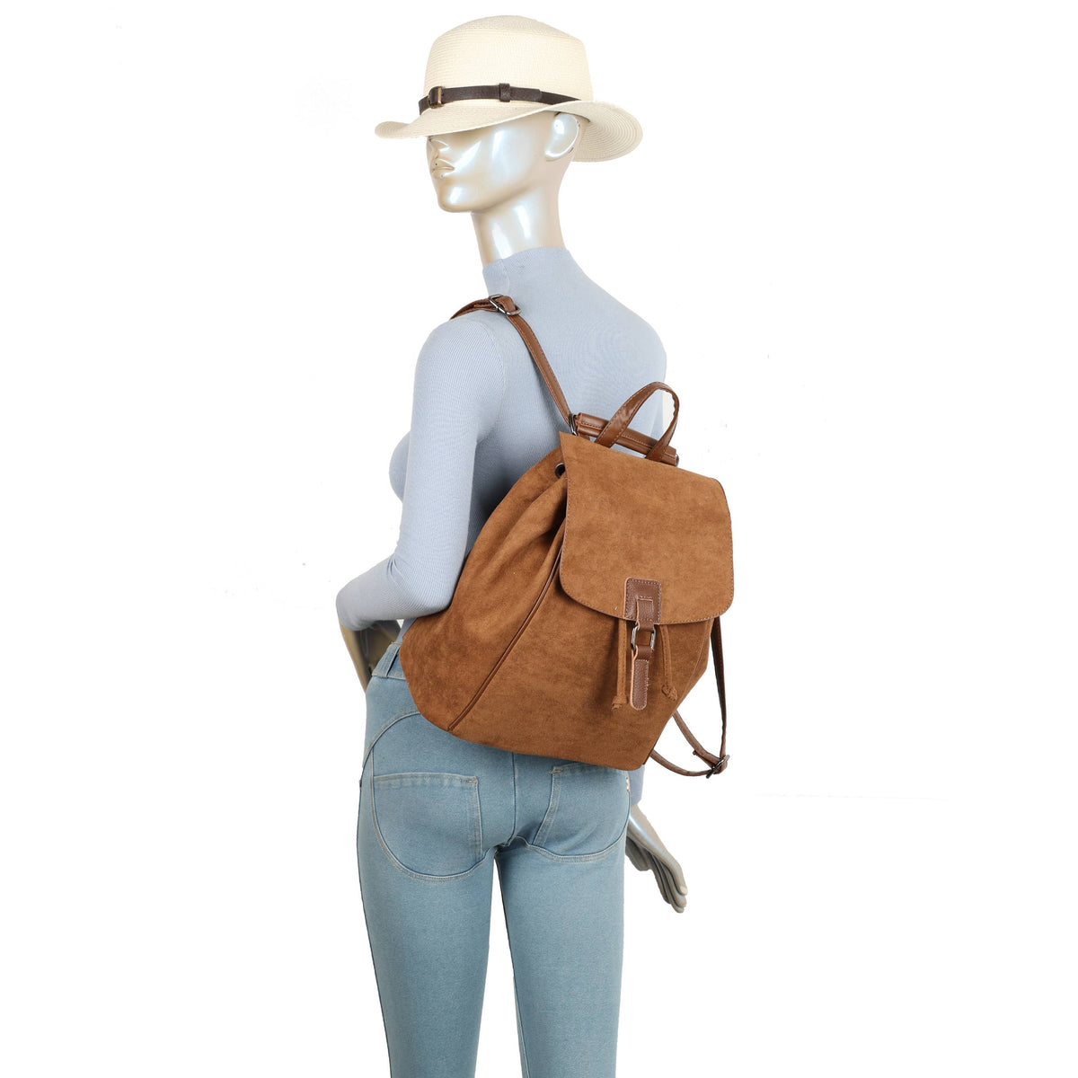 Suede-style flap backpack in Grey, Navy and Black - product view 6