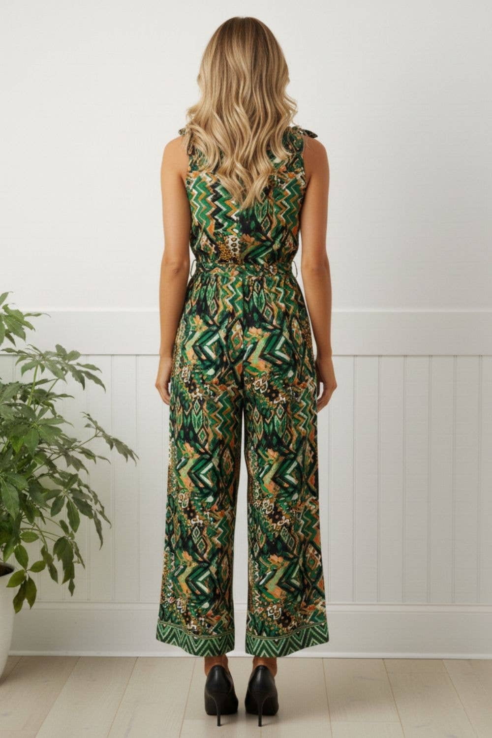 Stella London green abstract wide-leg jumpsuit back view