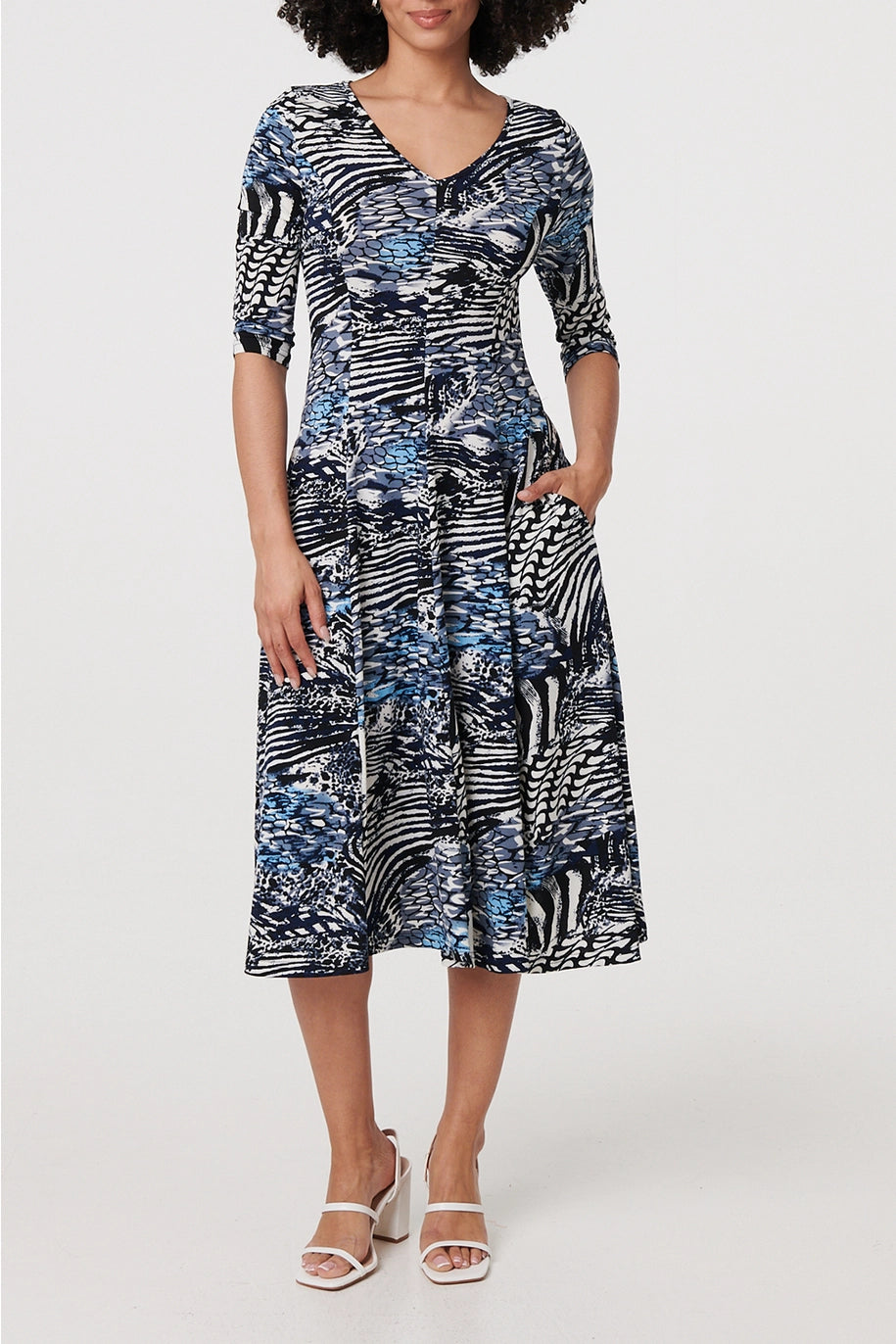 Abstract 3/4 Sleeve A-Line Midi Dress image 0