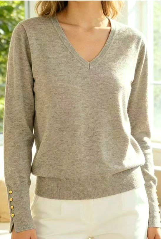 Soft fine-knit V-neck jumper with gold button sleeve detailing