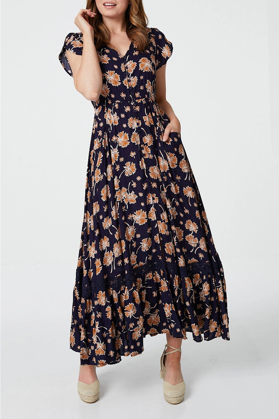 Floral Lace Trim Cap Sleeve Maxi Dress image 0