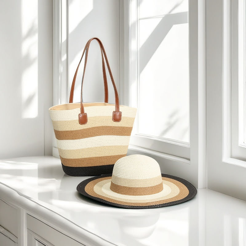 Striped Straw Basket Tote Beach Bag - The Coastal Boutique