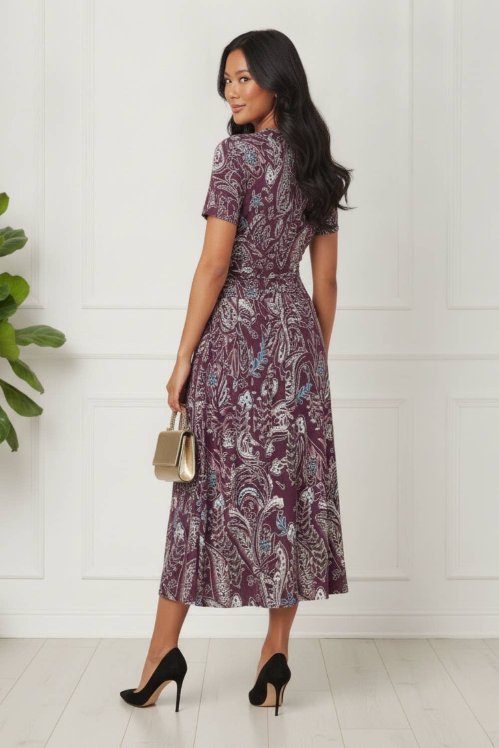 Stella London purple paisley midi dress back view