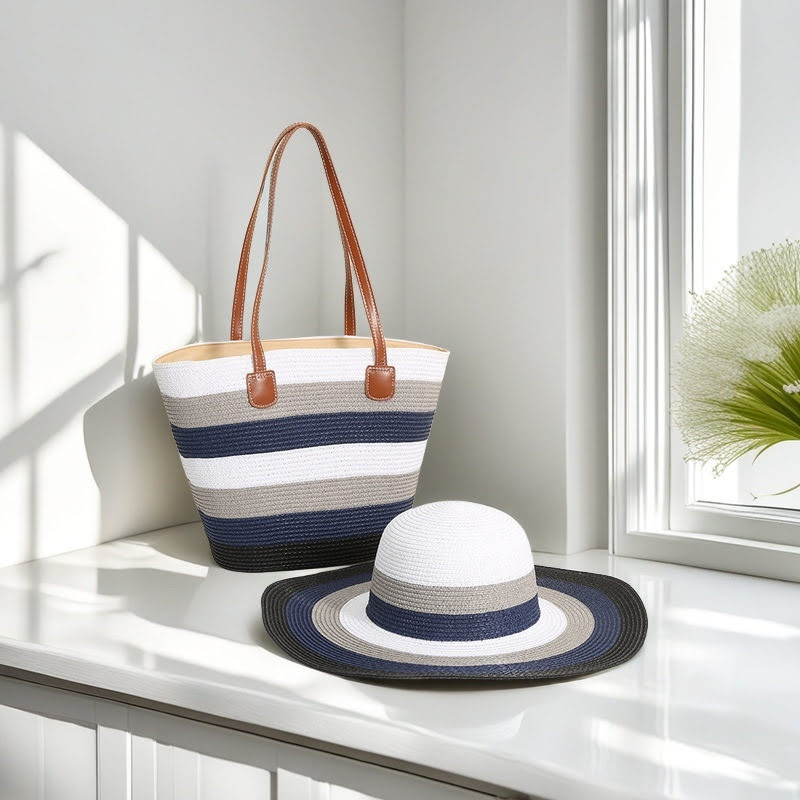 Striped Straw Basket Tote Beach Bag - The Coastal Boutique