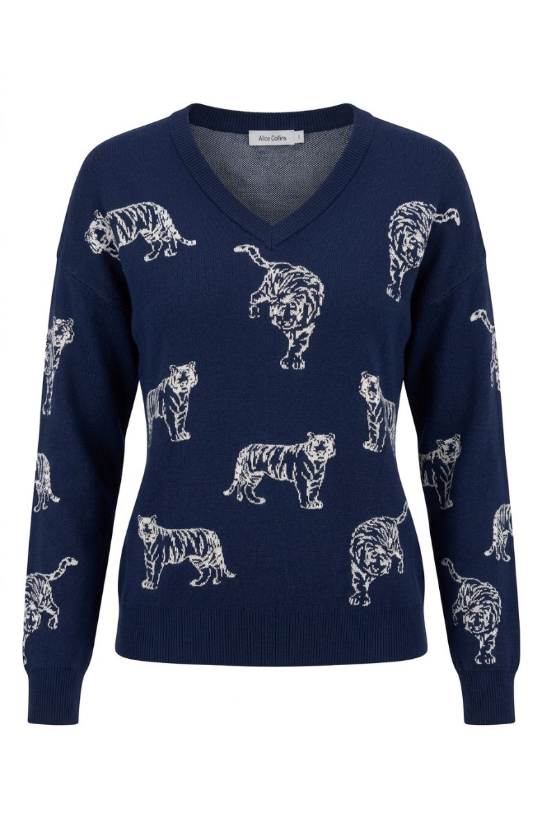 Alice Collins Leopard Jumper in rich navy with white tiger motifs