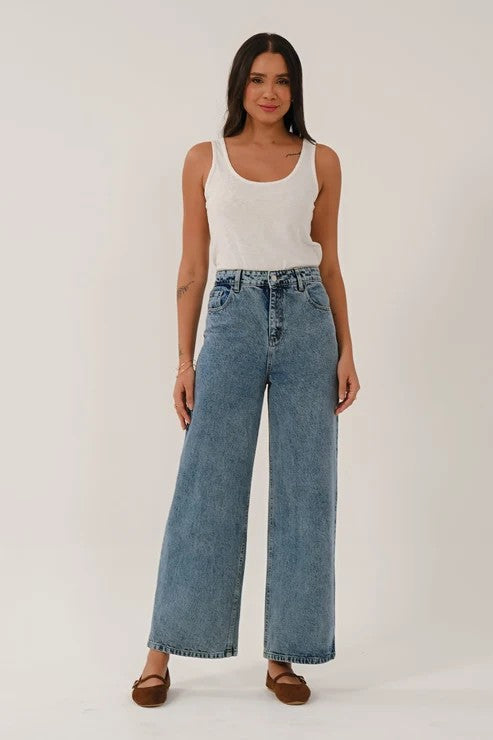 Saige blue cotton denim high-waisted wide-leg jeans front view