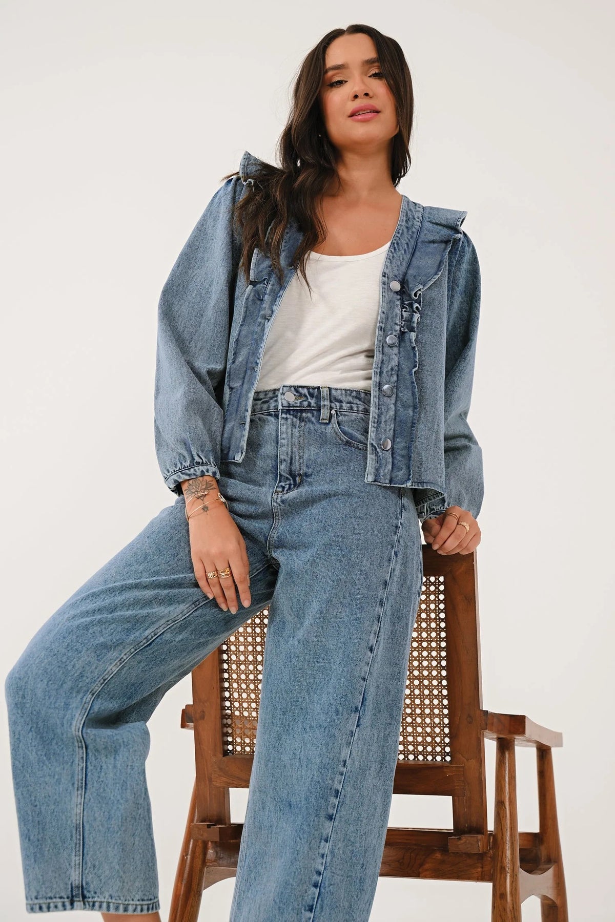 Saige blue cotton denim wide-leg jeans styling detail