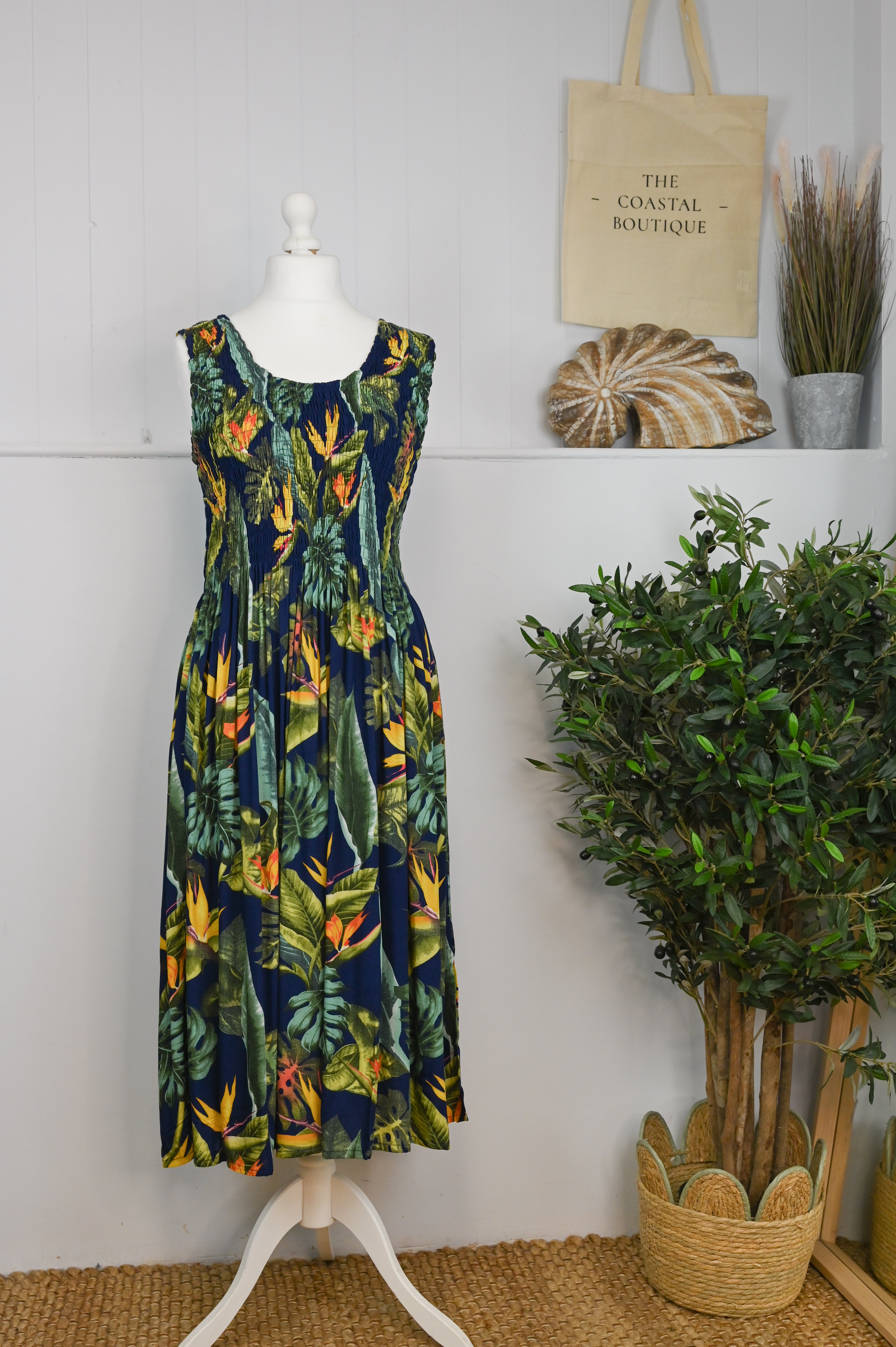 Tropical Botanic Leaf Print Bali Sleeveless Dress - The Coastal Boutique