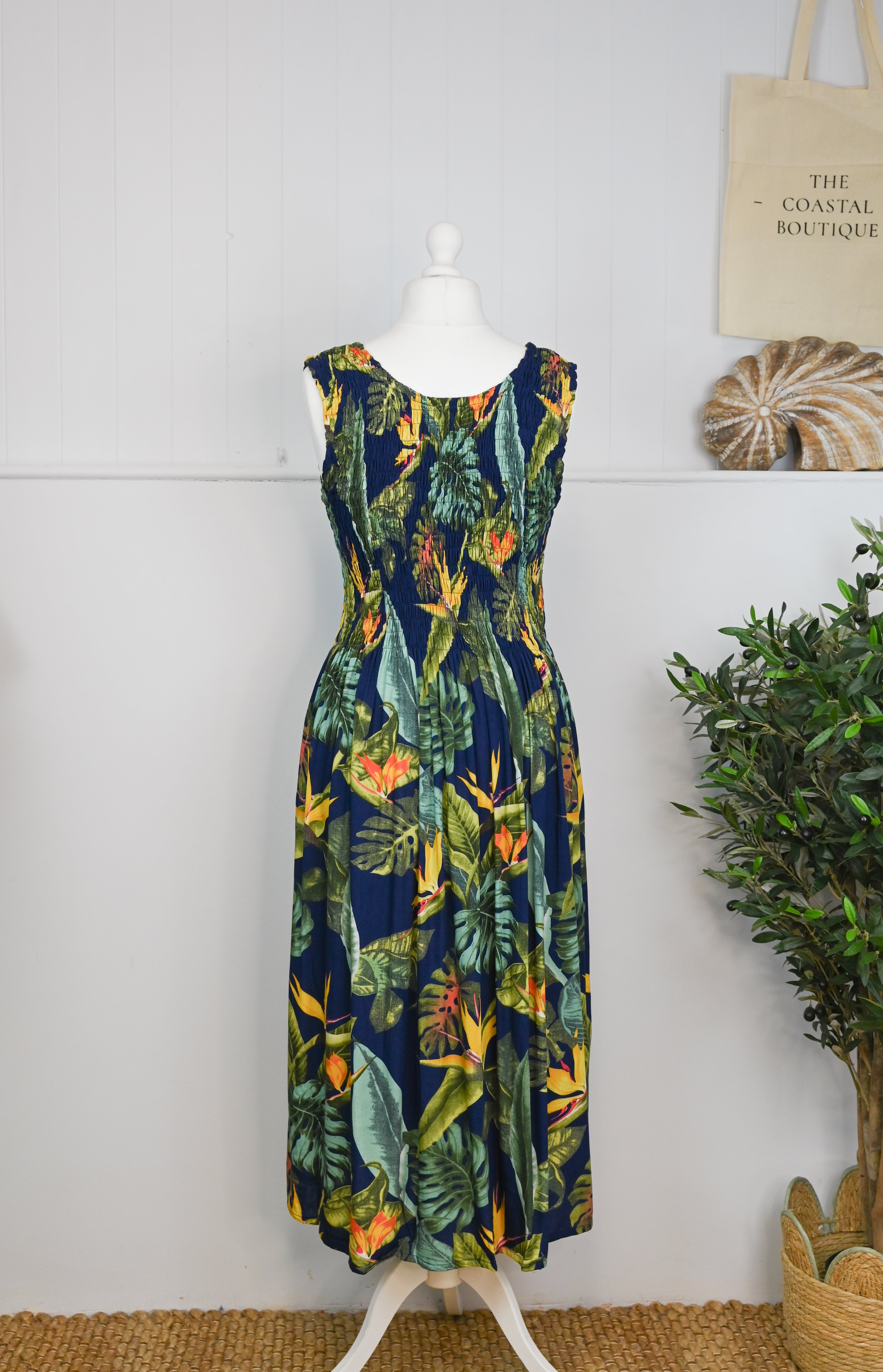 Tropical Botanic Leaf Print Bali Sleeveless Dress - The Coastal Boutique