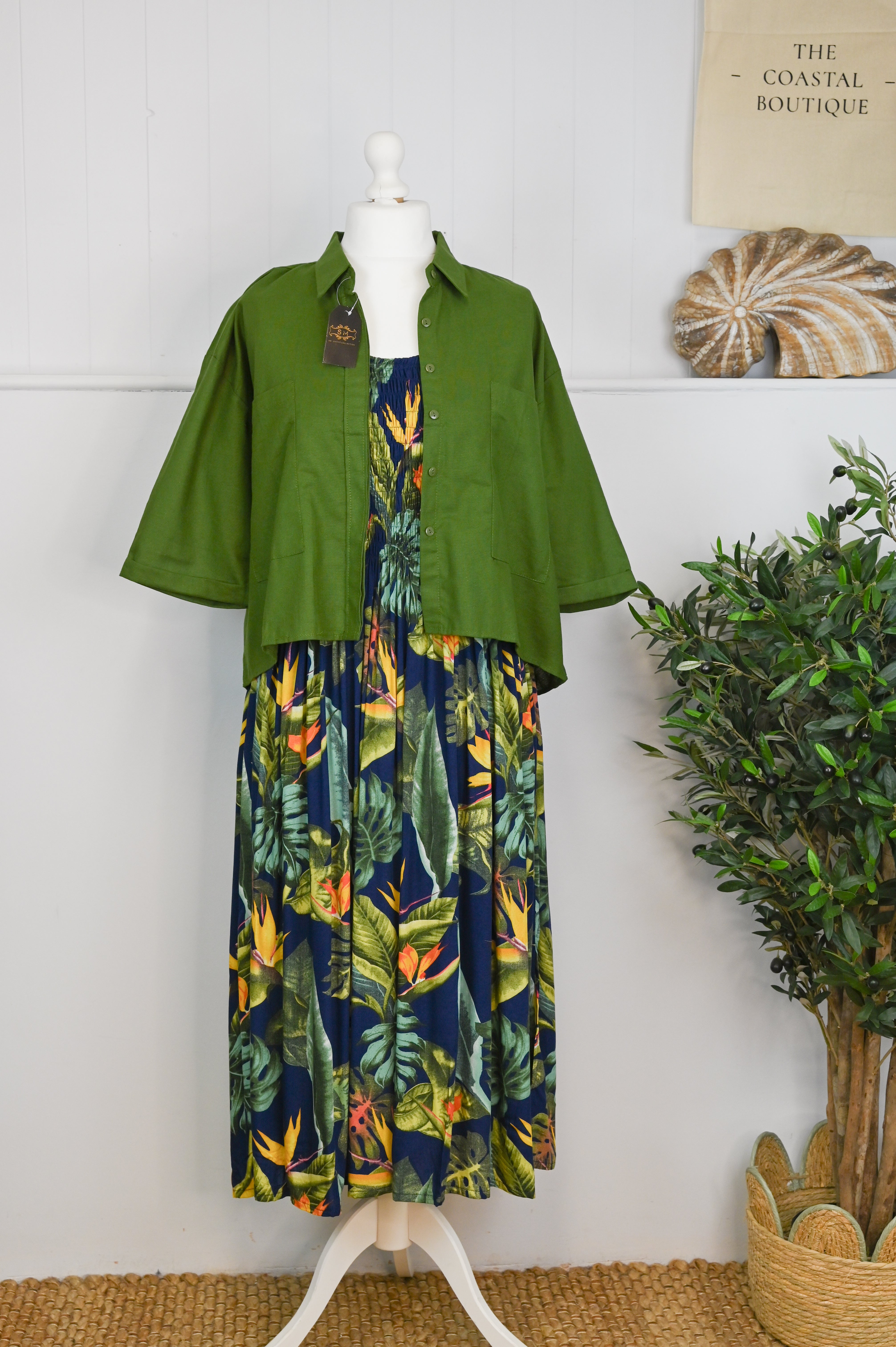 Tropical Botanic Leaf Print Bali Sleeveless Dress - The Coastal Boutique