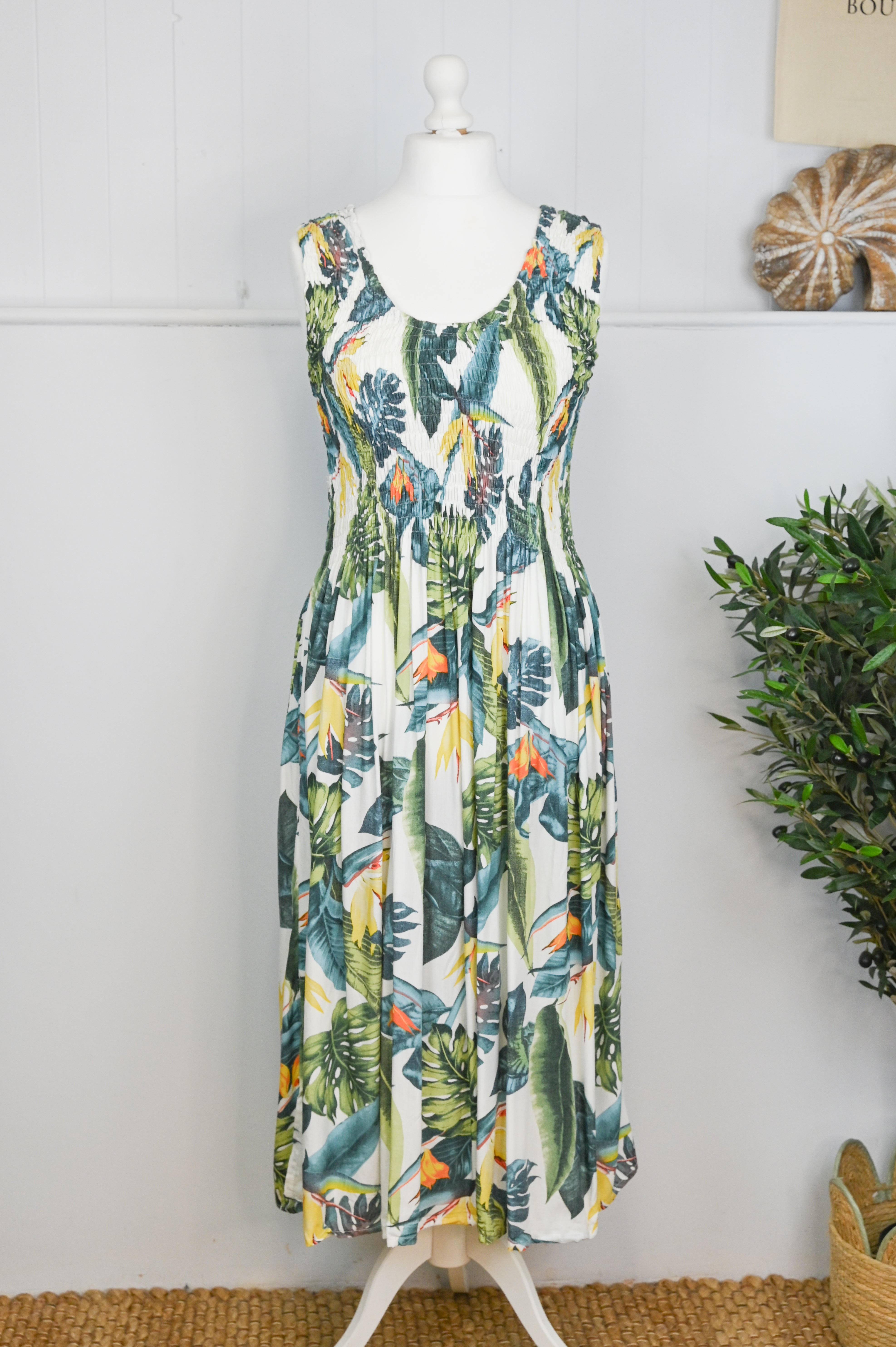 Tropical Botanic Leaf Print Bali Sleeveless Dress - The Coastal Boutique