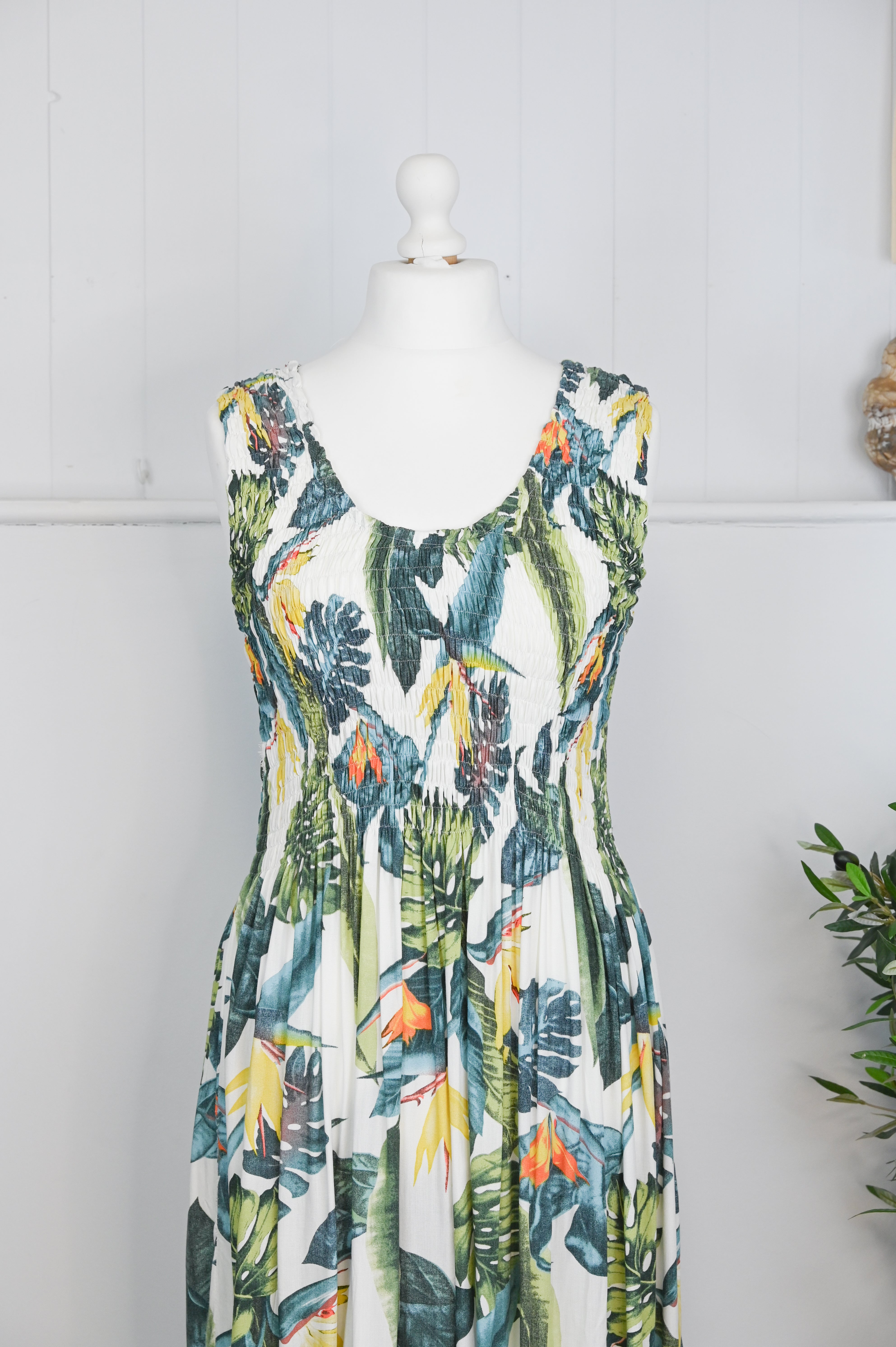 Tropical Botanic Leaf Print Bali Dress