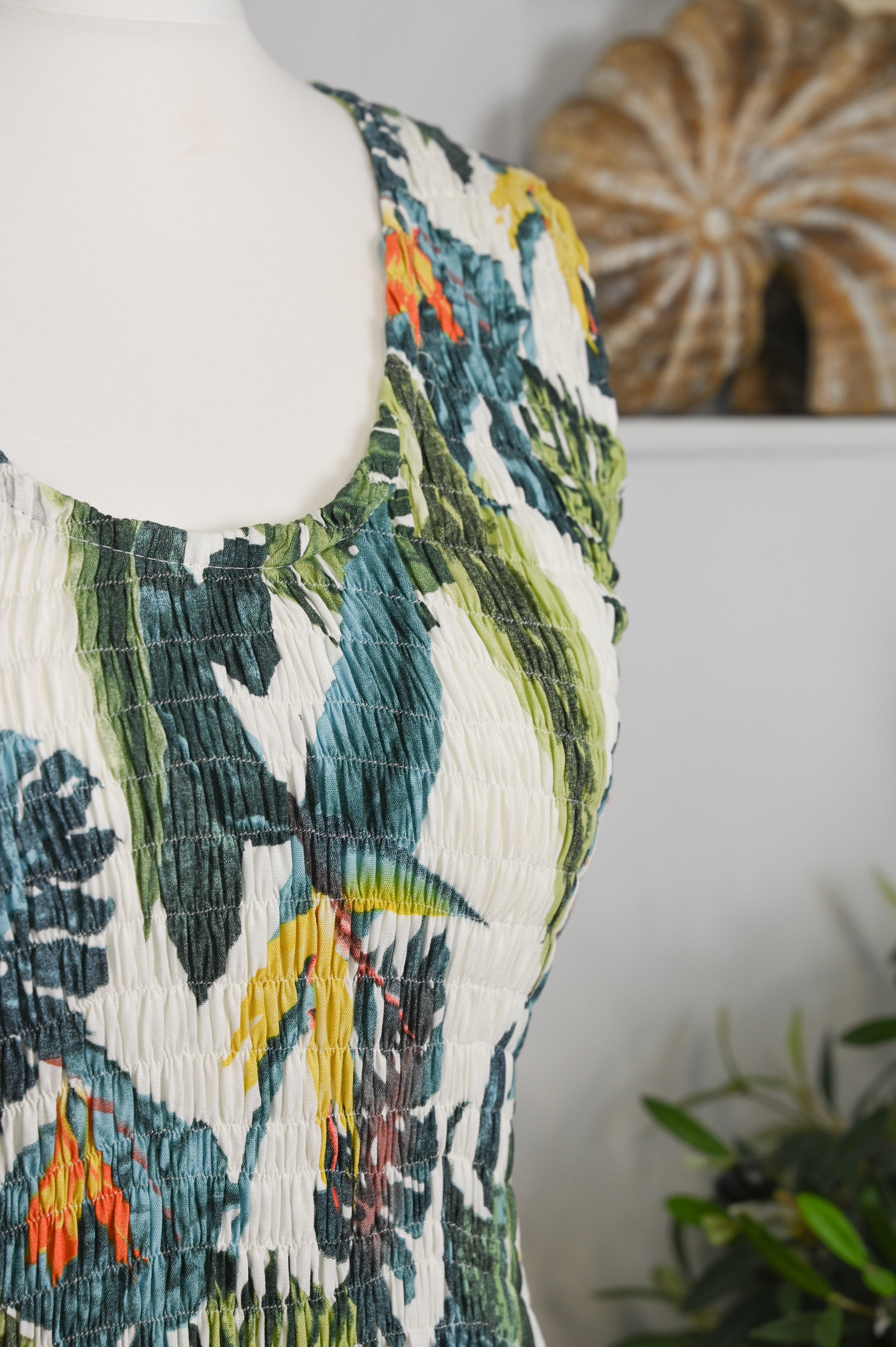 Tropical Botanic Leaf Print Bali Sleeveless Dress - The Coastal Boutique