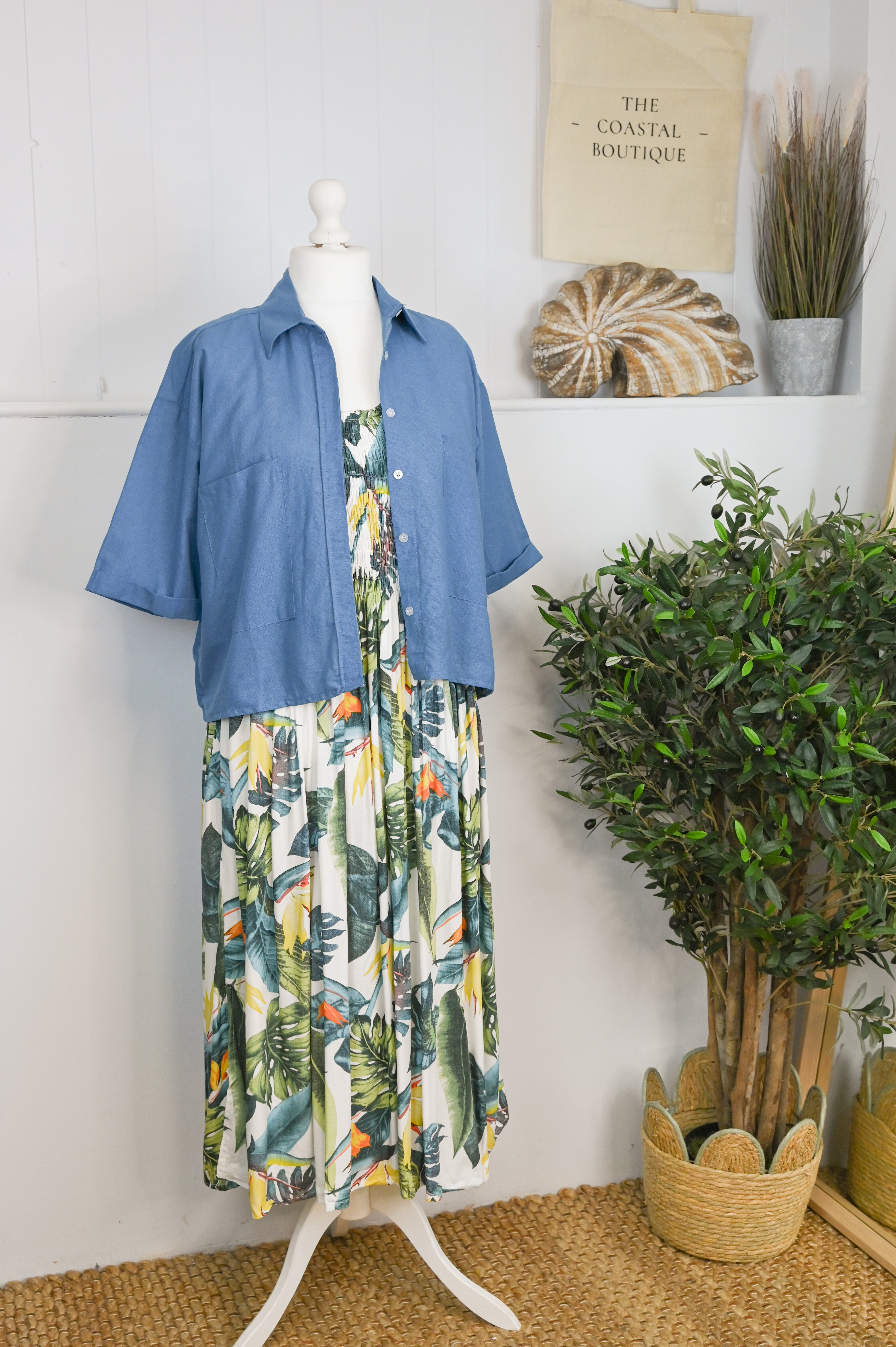 Tropical Botanic Leaf Print Bali Sleeveless Dress - The Coastal Boutique