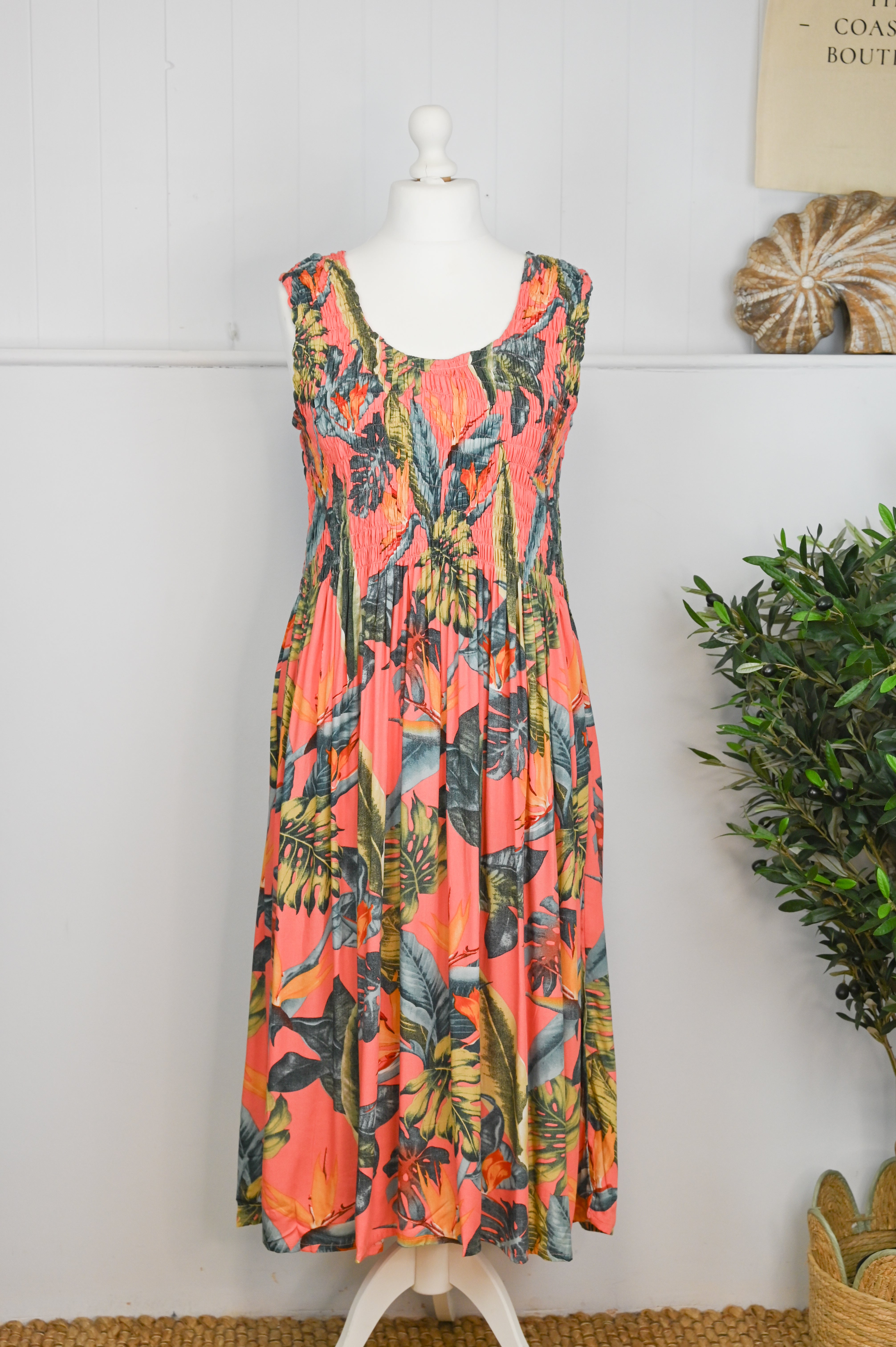 Tropical Botanic Leaf Print Bali Sleeveless Dress - The Coastal Boutique