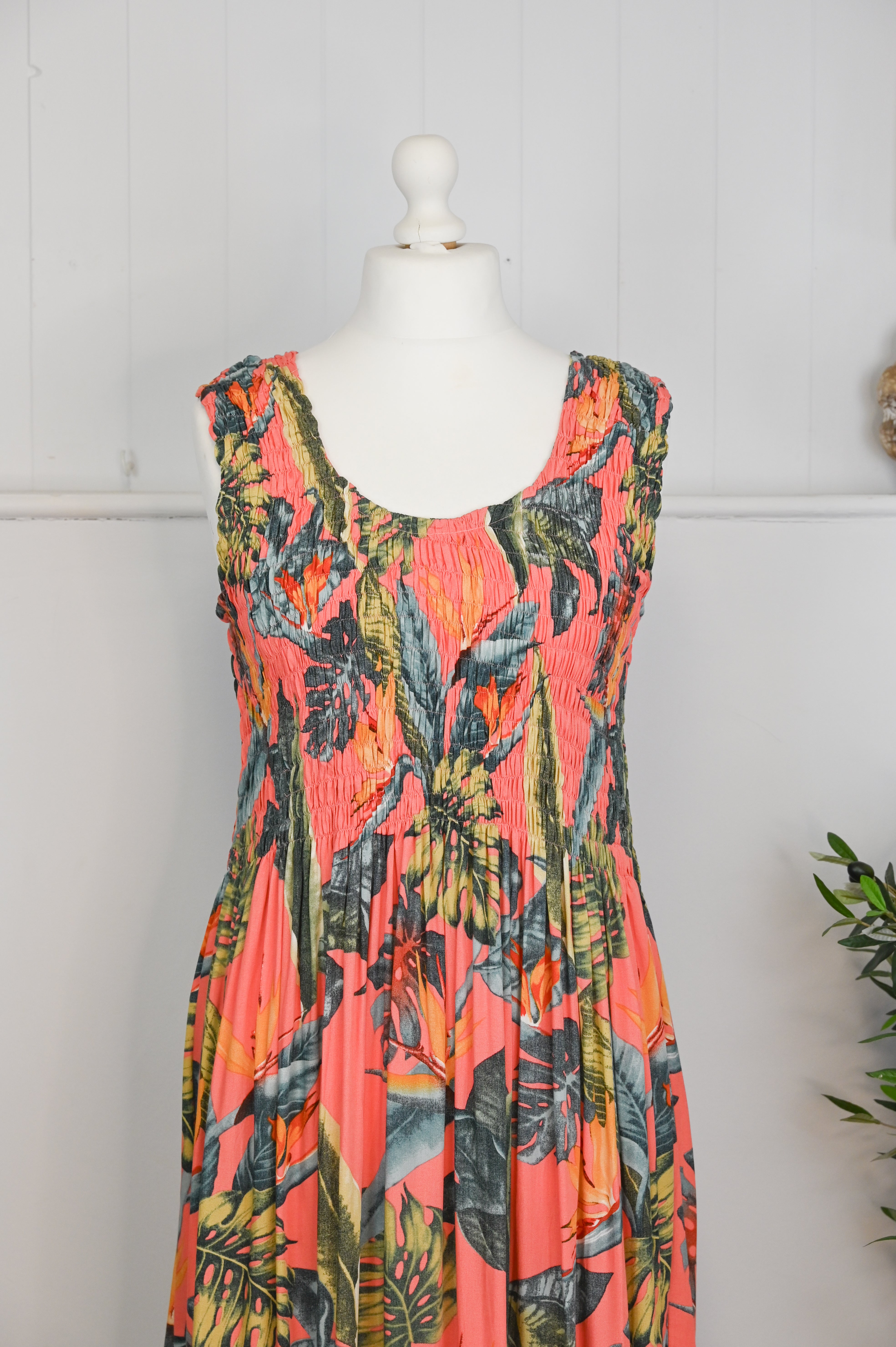 Tropical Botanic Leaf Print Bali Dress