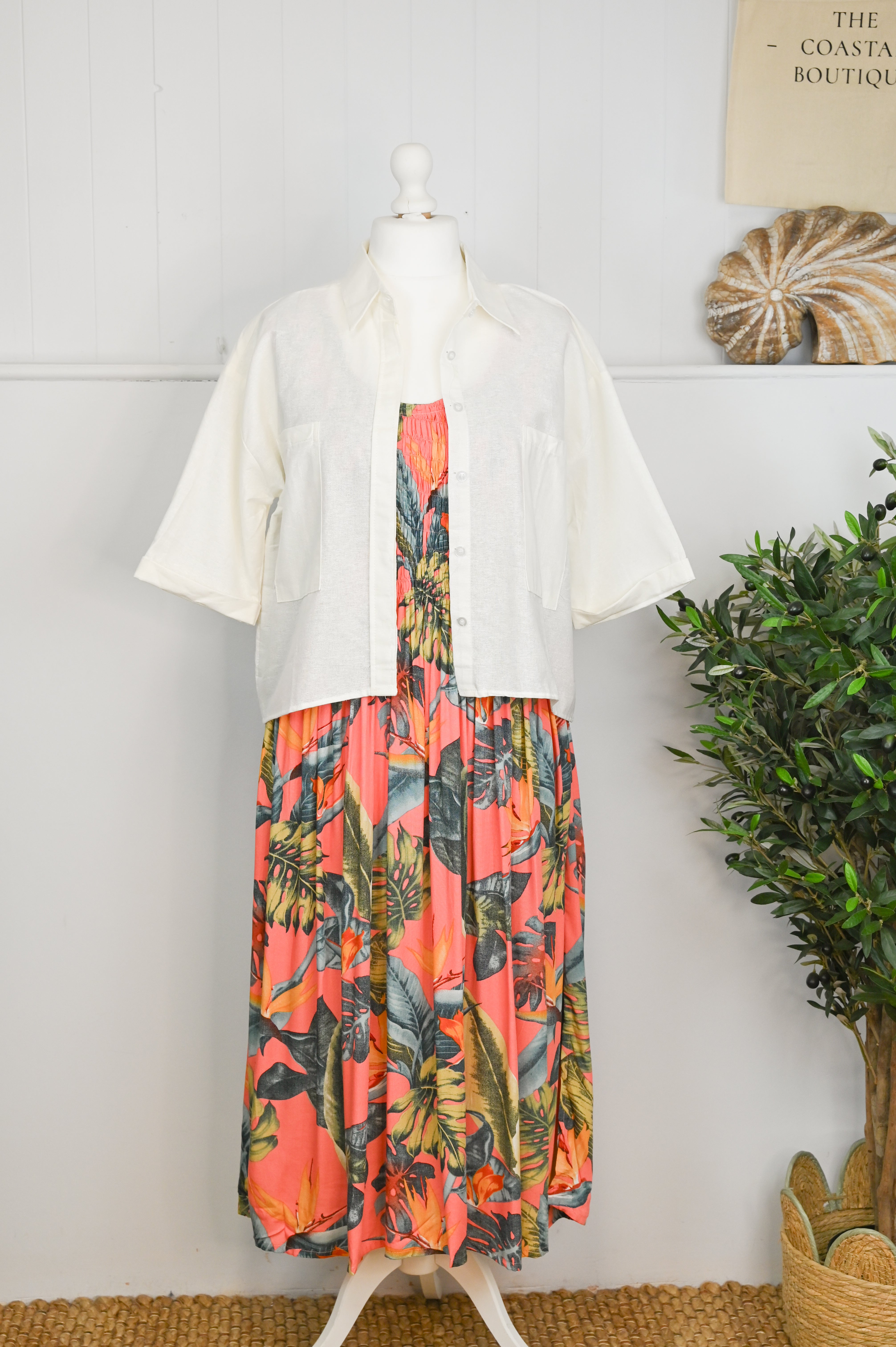 Tropical Botanic Leaf Print Bali Sleeveless Dress - The Coastal Boutique
