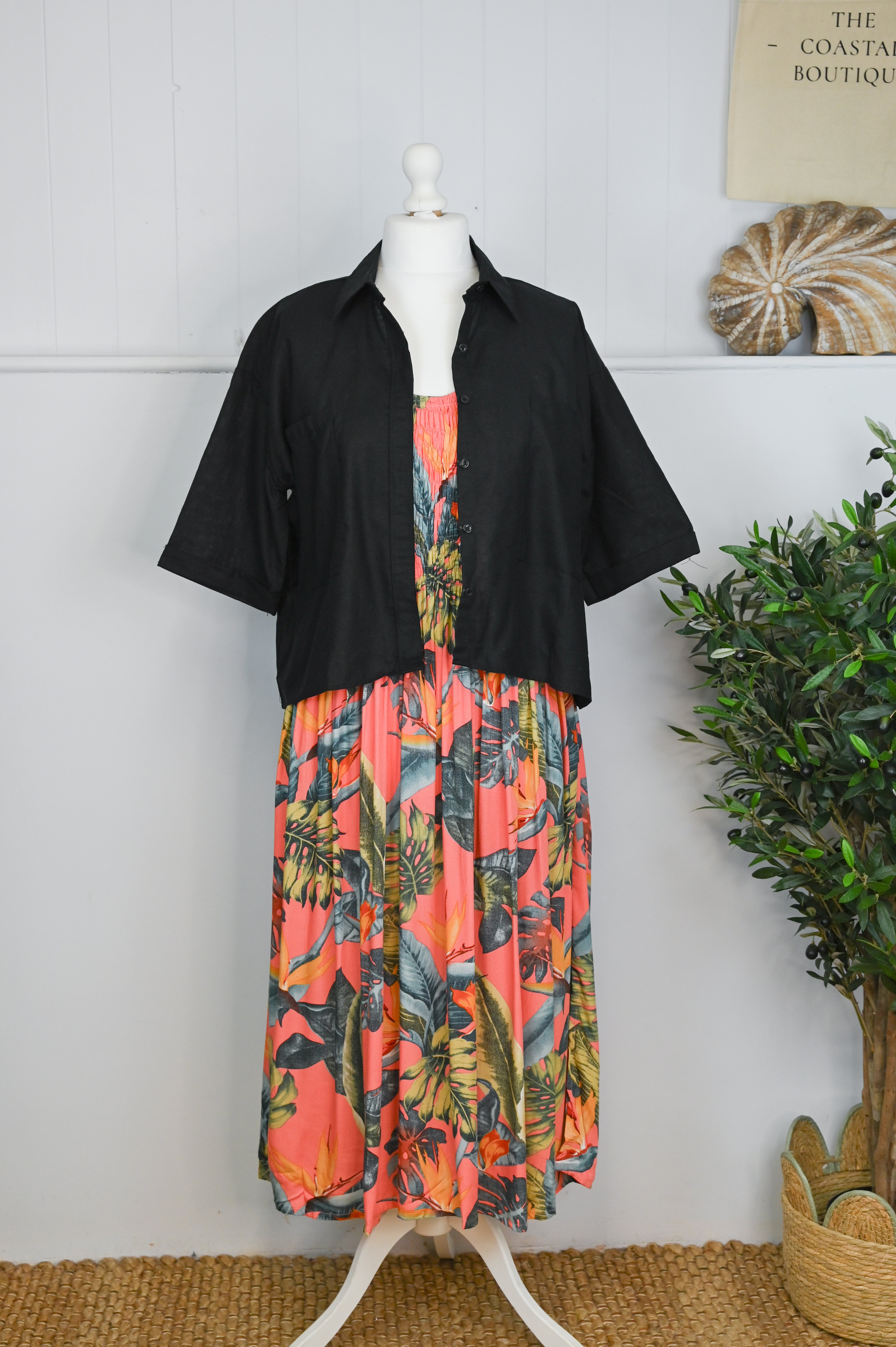 Tropical Botanic Leaf Print Bali Sleeveless Dress - The Coastal Boutique