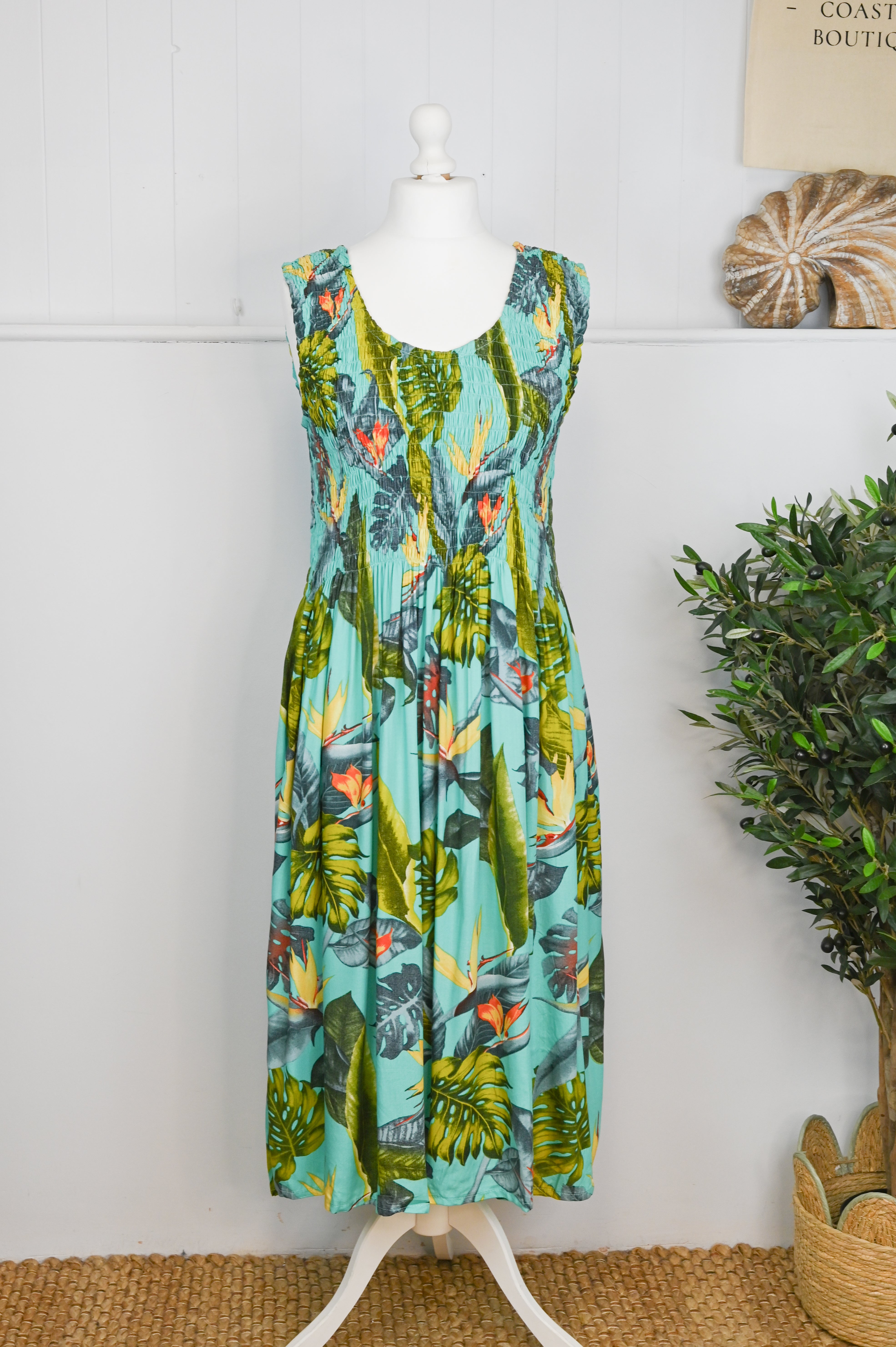 Tropical Botanic Leaf Print Bali Sleeveless Dress - The Coastal Boutique
