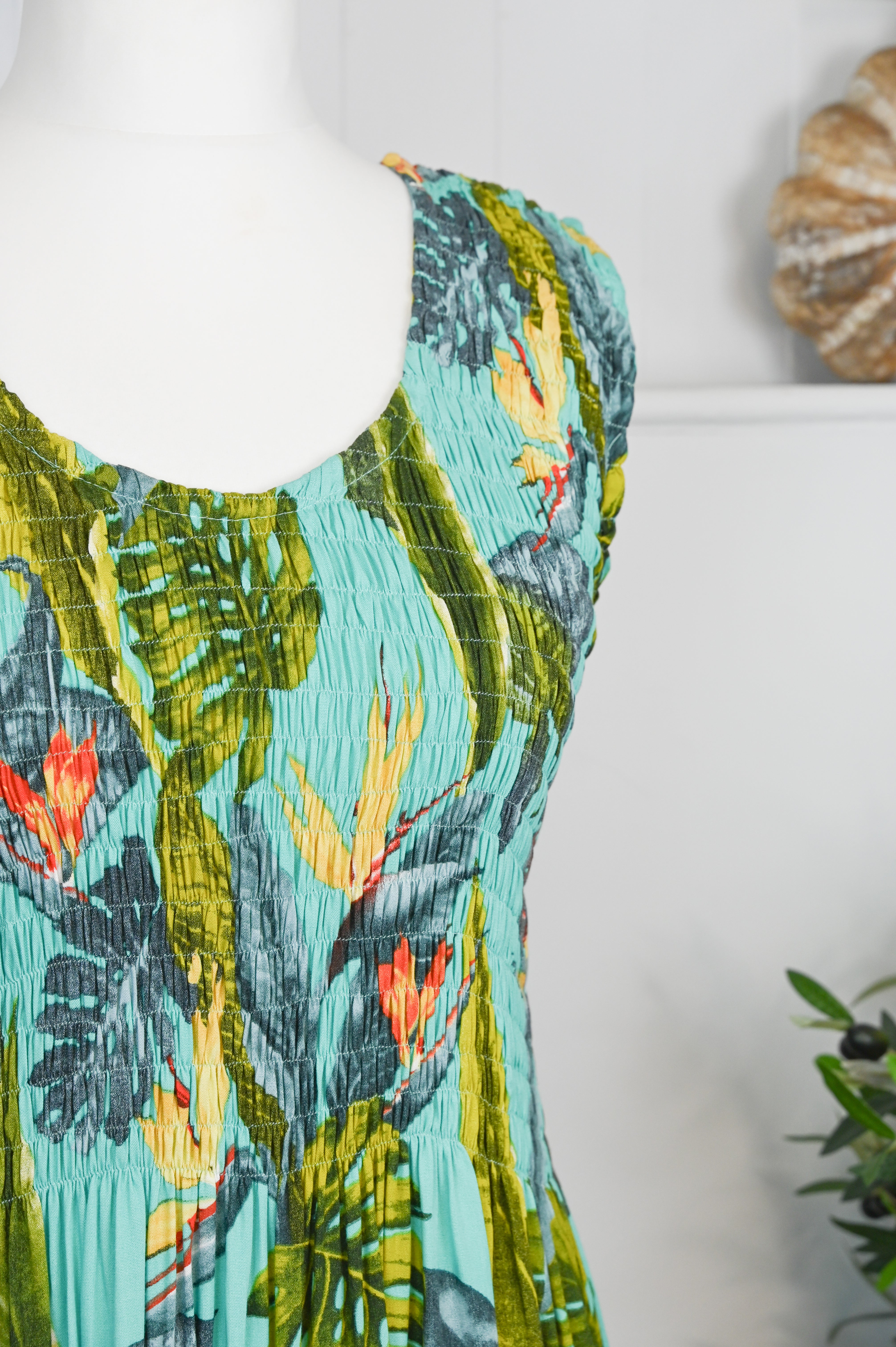 Tropical Botanic Leaf Print Bali Sleeveless Dress - The Coastal Boutique