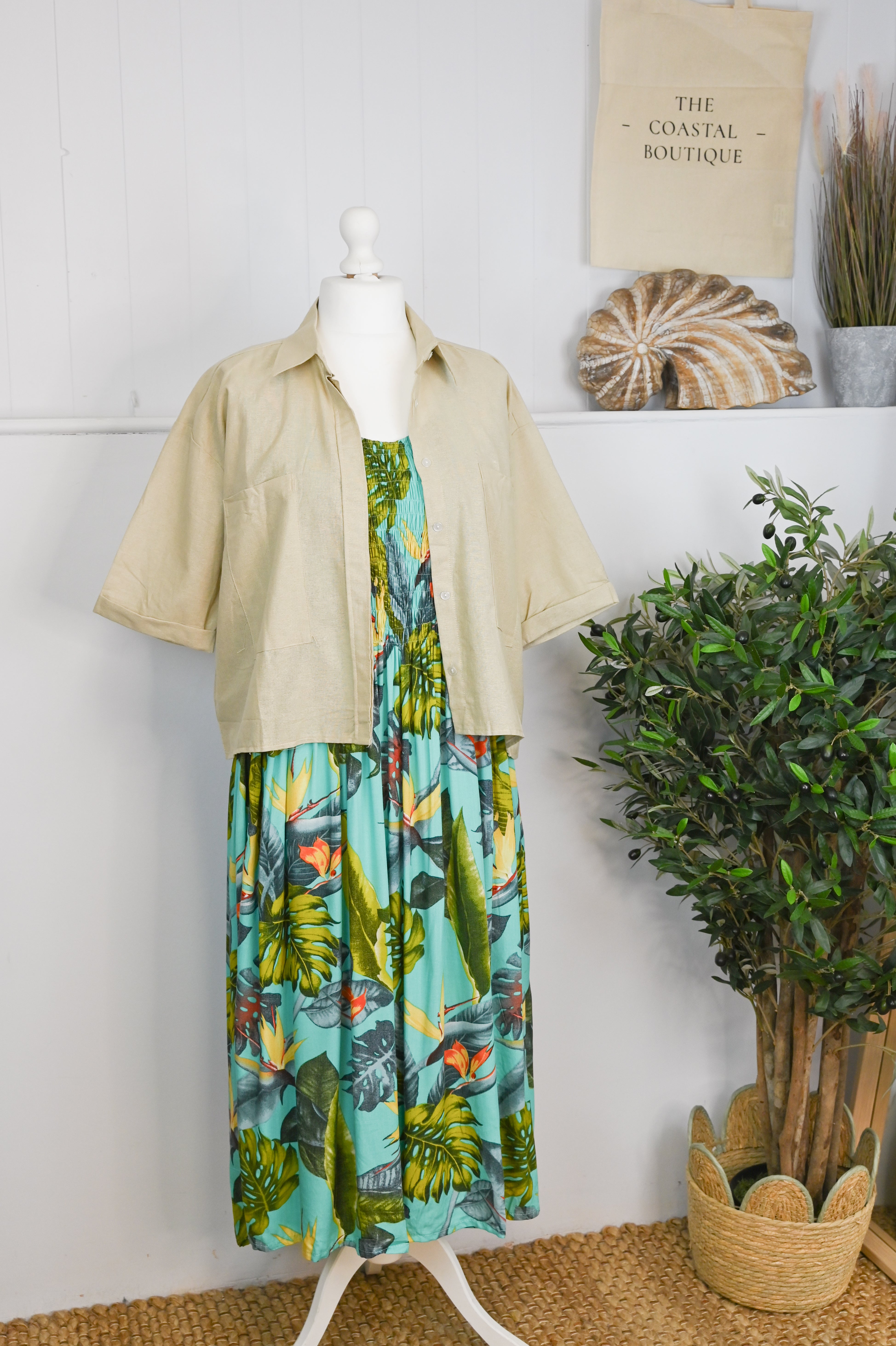 Tropical Botanic Leaf Print Bali Sleeveless Dress - The Coastal Boutique