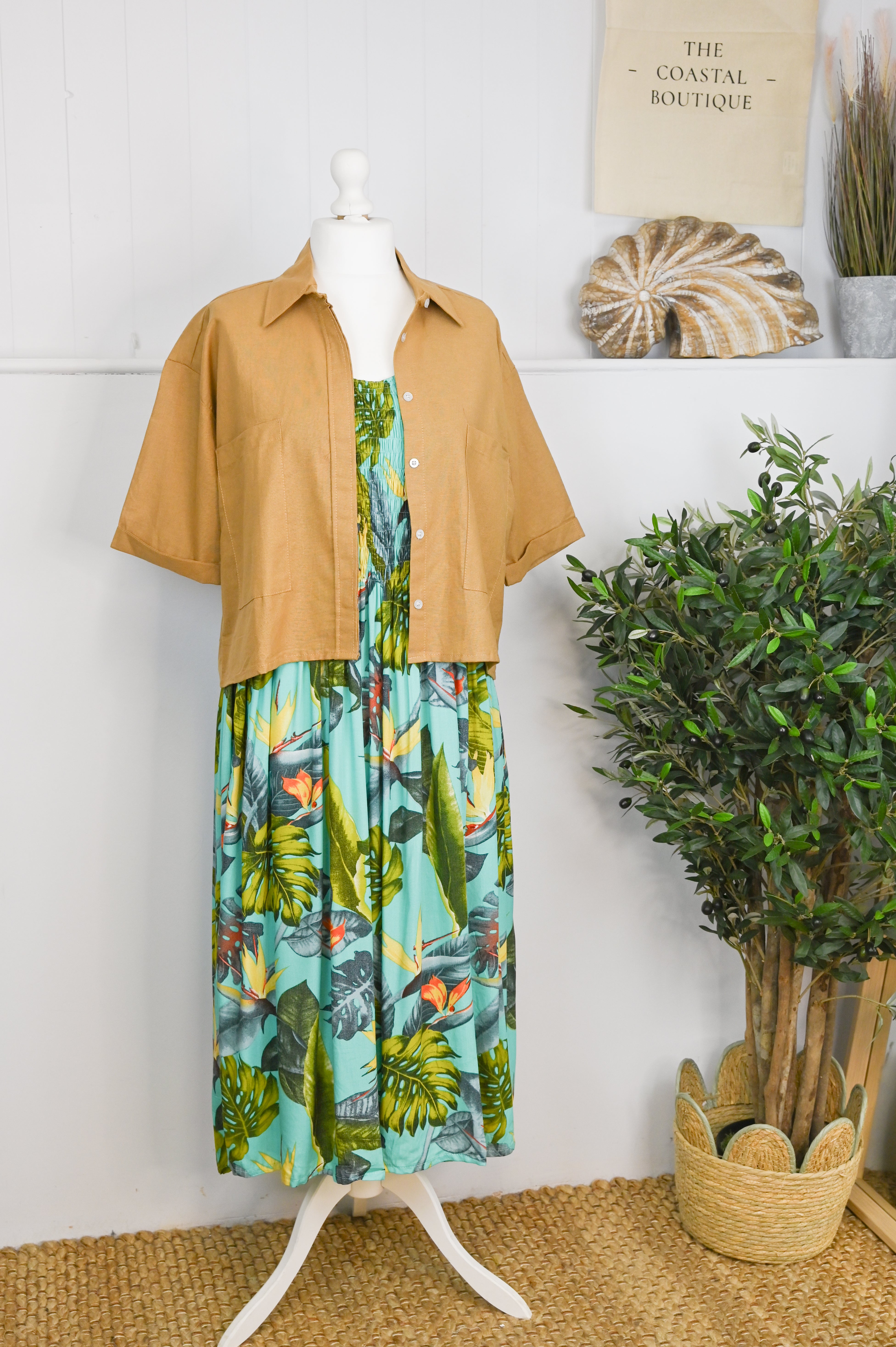 Tropical Botanic Leaf Print Bali Sleeveless Dress - The Coastal Boutique