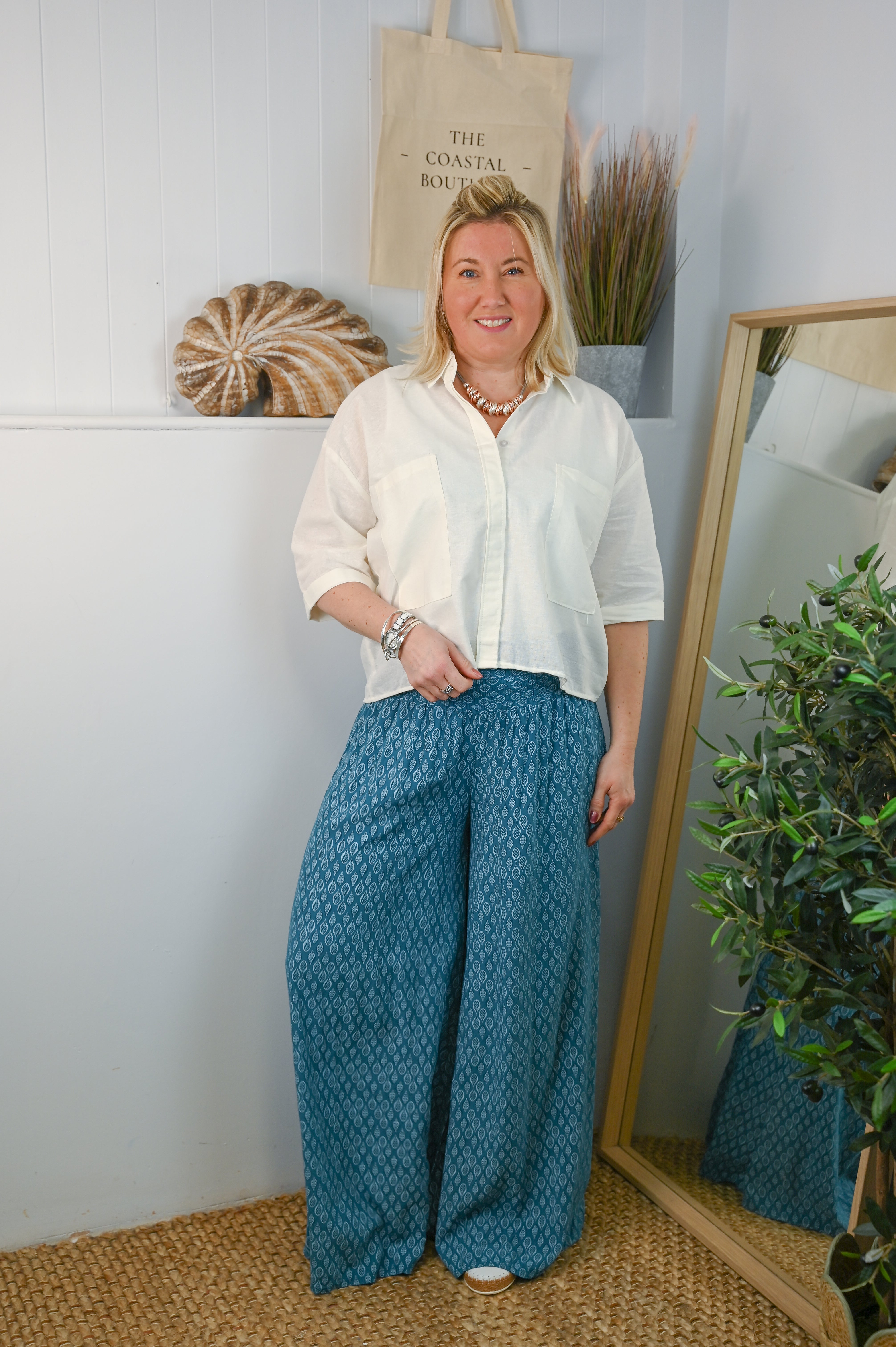 Leaf Print Super Wide Leg Palazzo Trousers - The Coastal Boutique