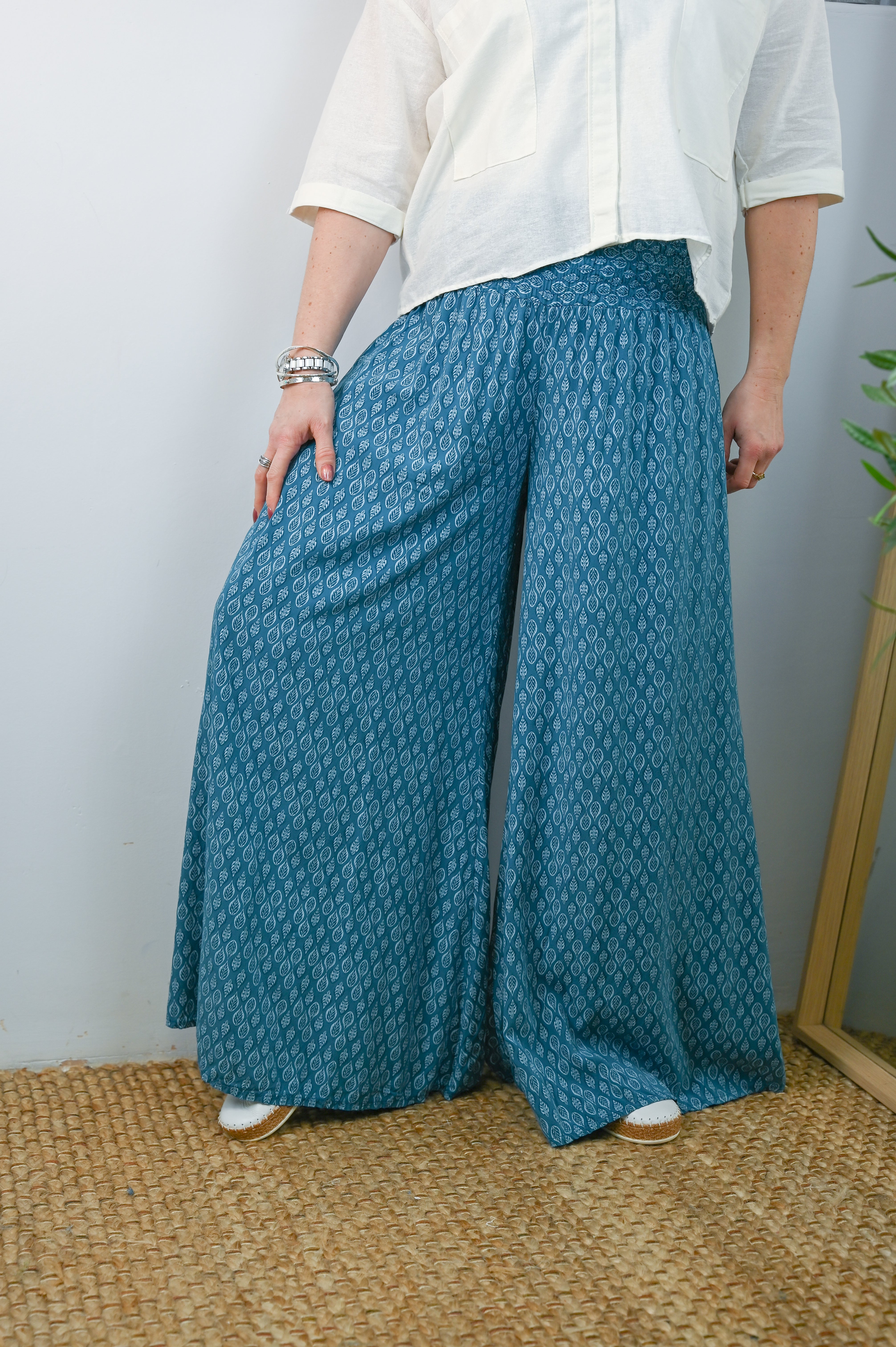 Leaf Print Super Wide Leg Palazzo Trousers - The Coastal Boutique