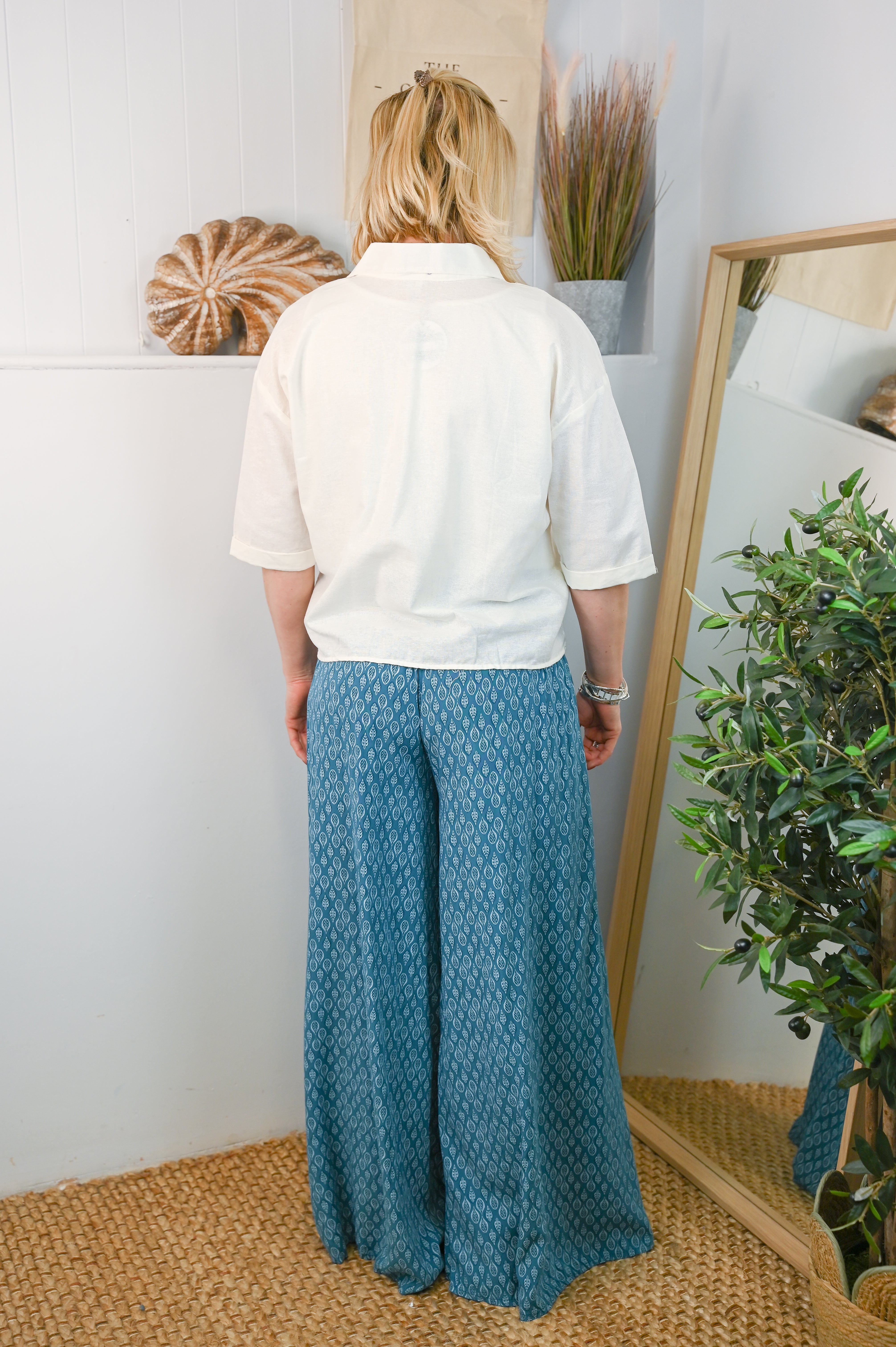 Leaf Print Super Wide Leg Palazzo Trousers - The Coastal Boutique