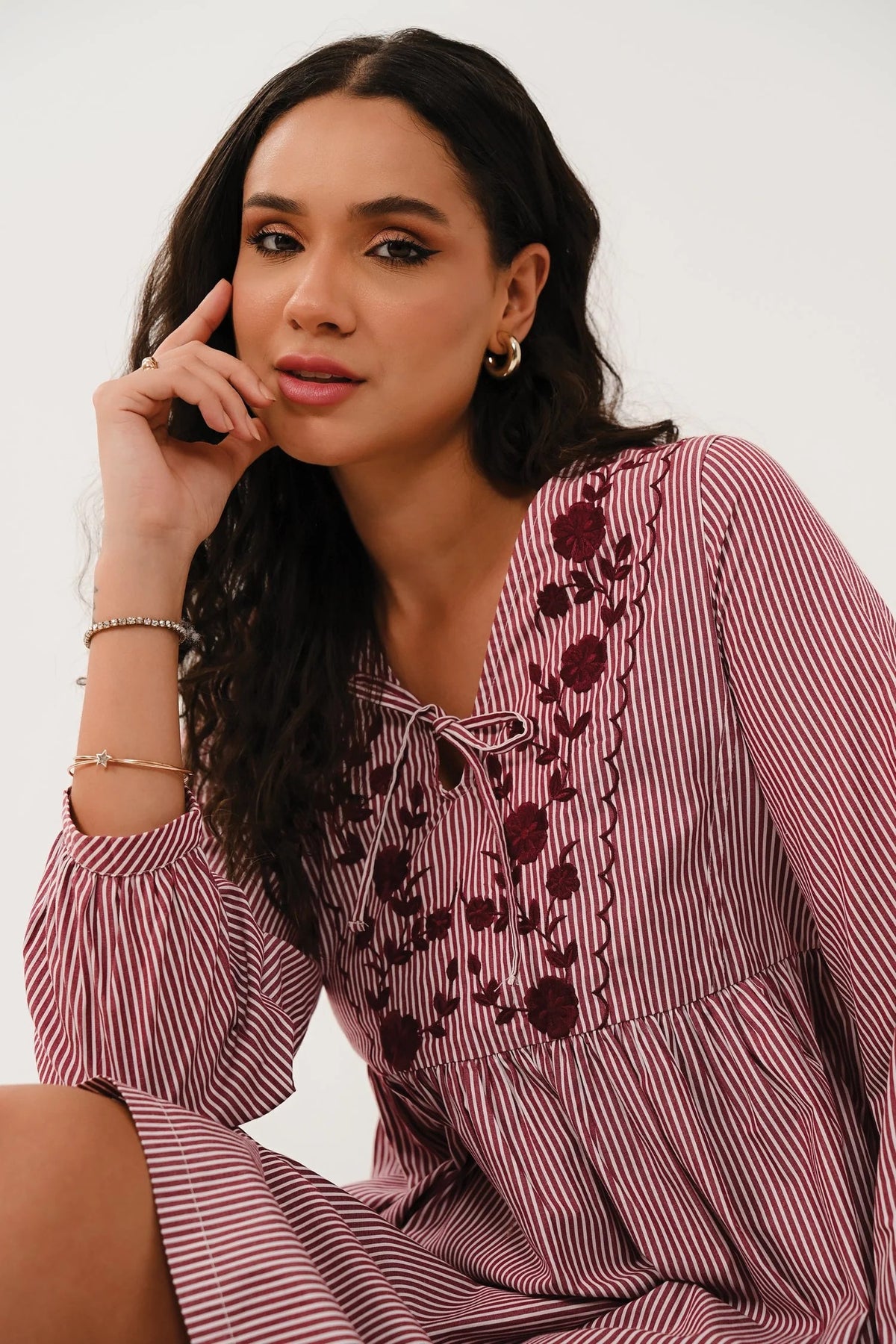 Embroidered Striped Tunic Dress