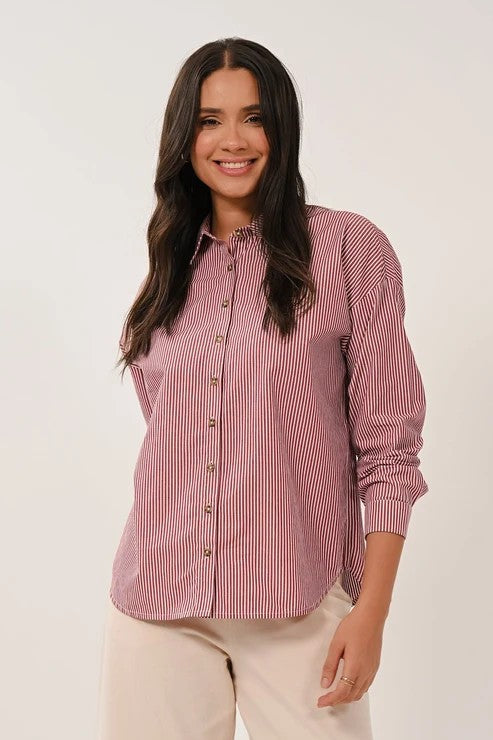 Saige fig and white striped cotton poplin long-sleeve shirt