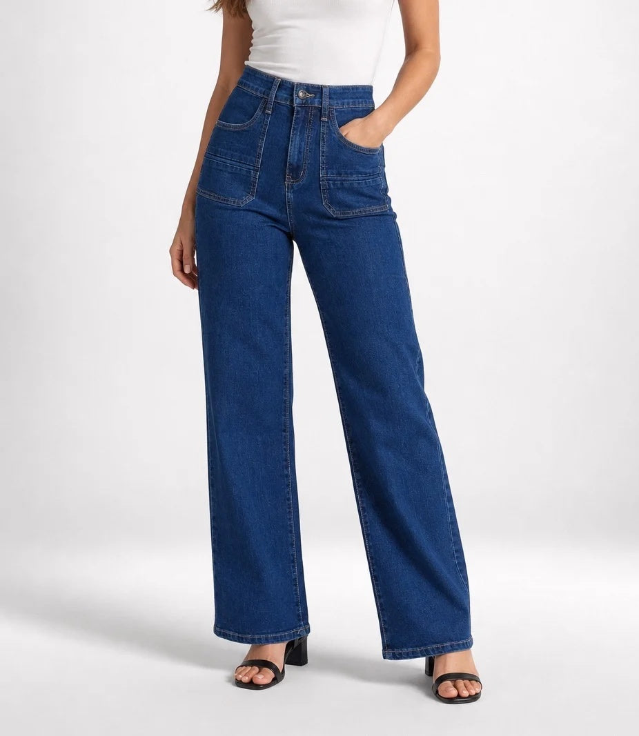 Blue high-waisted wide-leg denim jeans with utility pockets front view