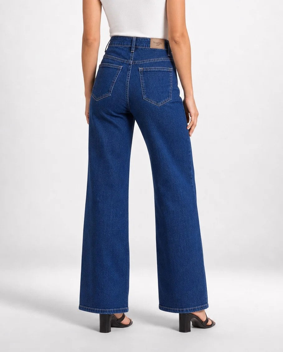 Blue high-waisted wide-leg denim jeans back view