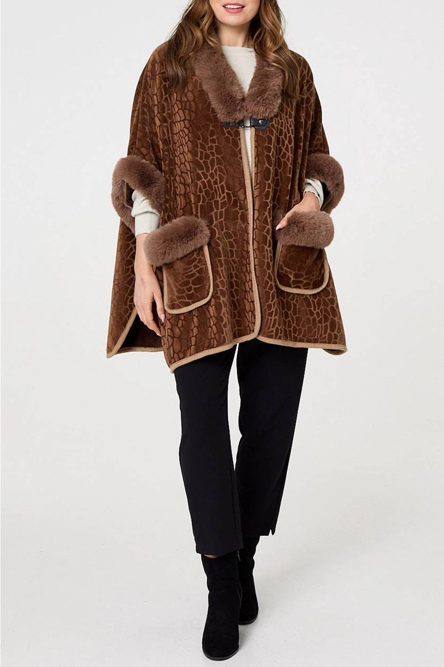 Animal Print Faux Fur Trim Cape Coat image 1