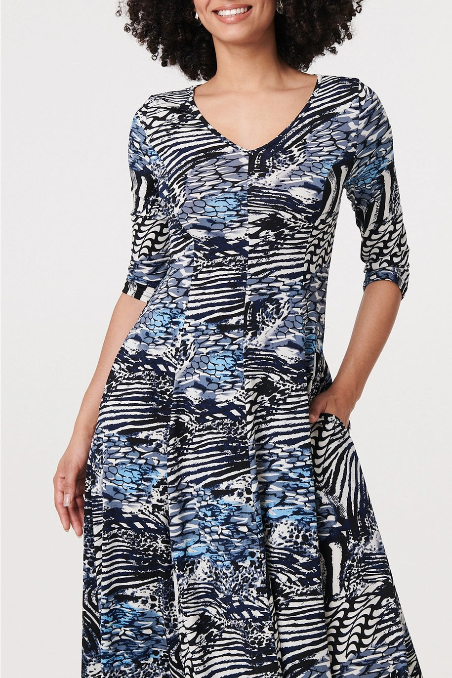 Abstract 3/4 Sleeve A-Line Midi Dress image 1