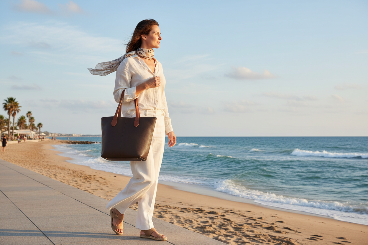 Faux Leather Shopper Tote Handbag in coastal setting