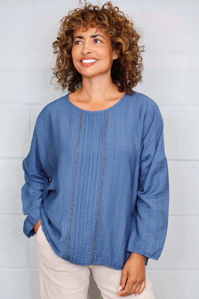 Goose Island Cross-Stitch Scoop-Neck Blouse in Petrol