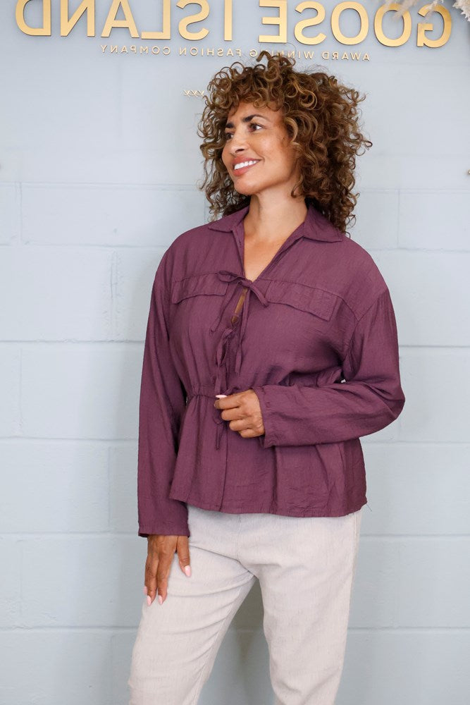 Goose Island Three-Tie Front Top/Cardigan in Aubergine