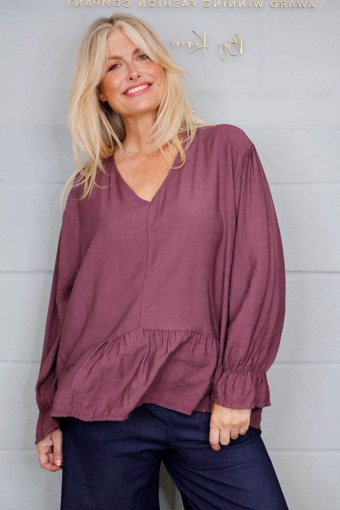 Goose Island Cuffed V-Neck Frill Blouse in Aubergine