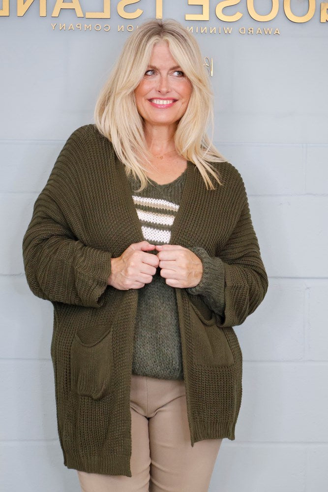 Goose Island Cable-Knit Pocket Cardigan in Khaki