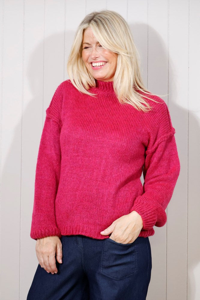 Goose Island Knitted Topstitched Jumper in Fuchsia