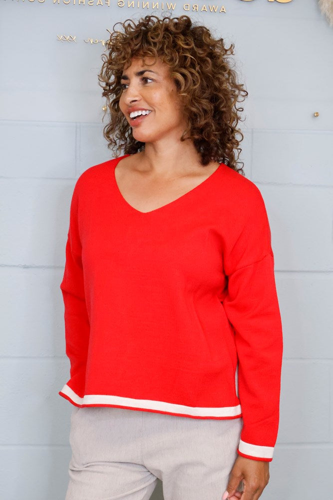Goose Island Flip-Edge Block-Colour Knit Top in Coral