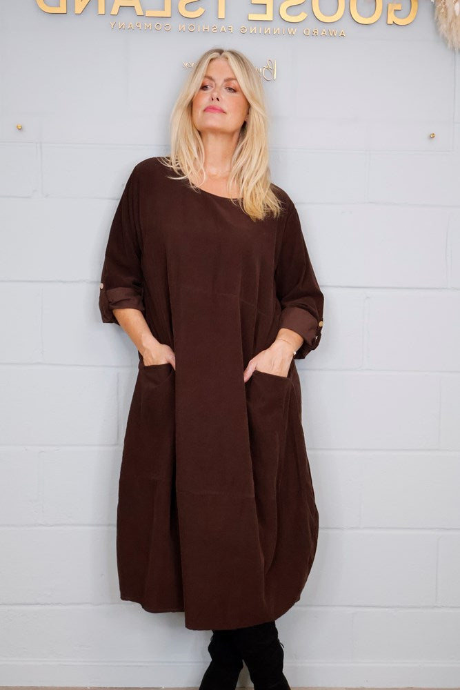 Goose Island Fine-Cord Long-Sleeved Dress in Chocolate