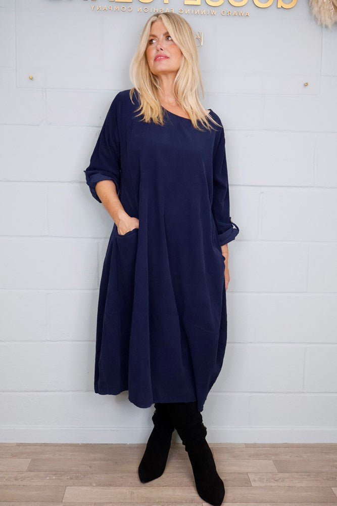 Goose Island Fine-Cord Long-Sleeved Dress in Navy