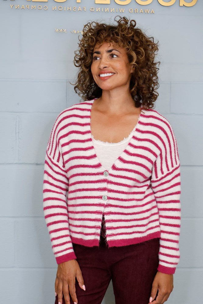 Goose Island Woollen Knitted Striped Cardigan in Berry